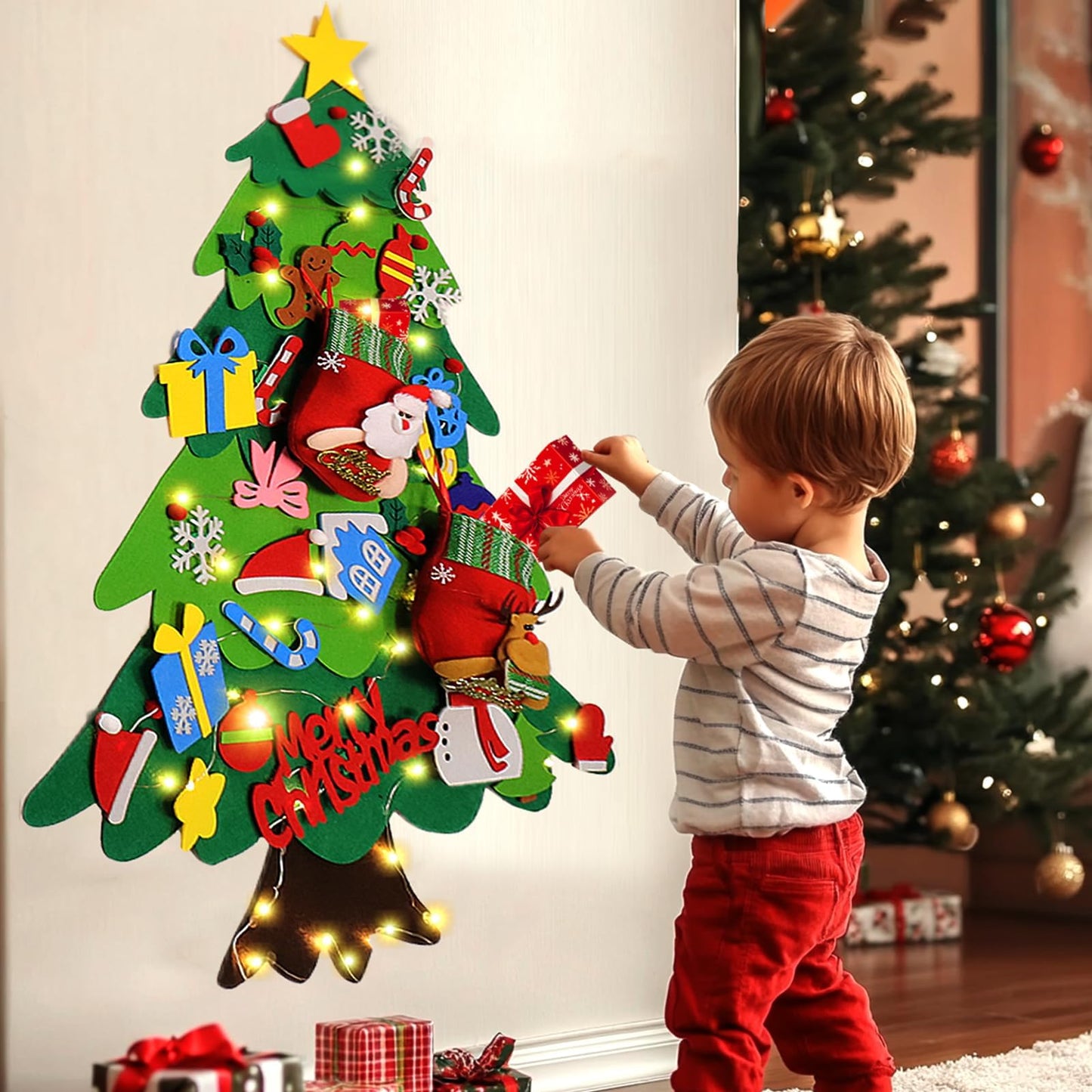 BABORUI Felt Christmas Tree for Kids with Christmas Stockings, Xmas Wall Hanging Ornaments Decorations with String Light for Toddlers, for Kids