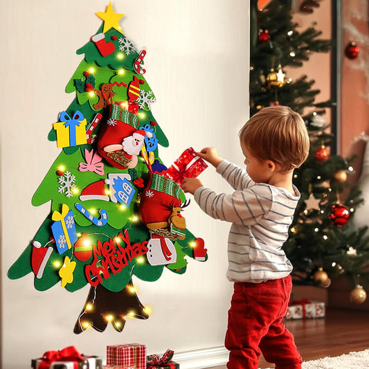 BABORUI Felt Christmas Tree for Kids with Christmas Stockings, Xmas Wall Hanging Ornaments Decorations with String Light for Toddlers, for Kids