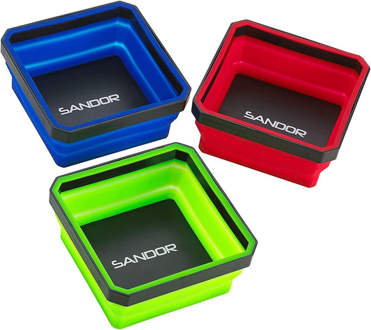 Collapsible Magnetic Parts Tray Set - (Pack of 3) Tool Trays for Screw, Bolts, Nuts, Washers, Pins and Other Small Metal Parts - 4.25 Inch Square - Red, Blue, and Green
