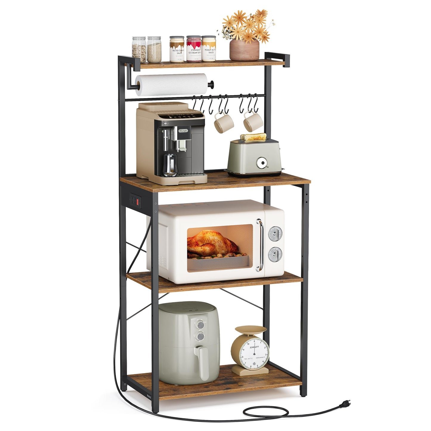 VASAGLE Kitchen Bakers Rack with Power Outlet, Coffee Bar 4-Tier with 8 S Hooks, Microwave Stand, Adjustable Shelf, for Small Spaces, Rustic Brown and Ink Black UKKS014K01V1