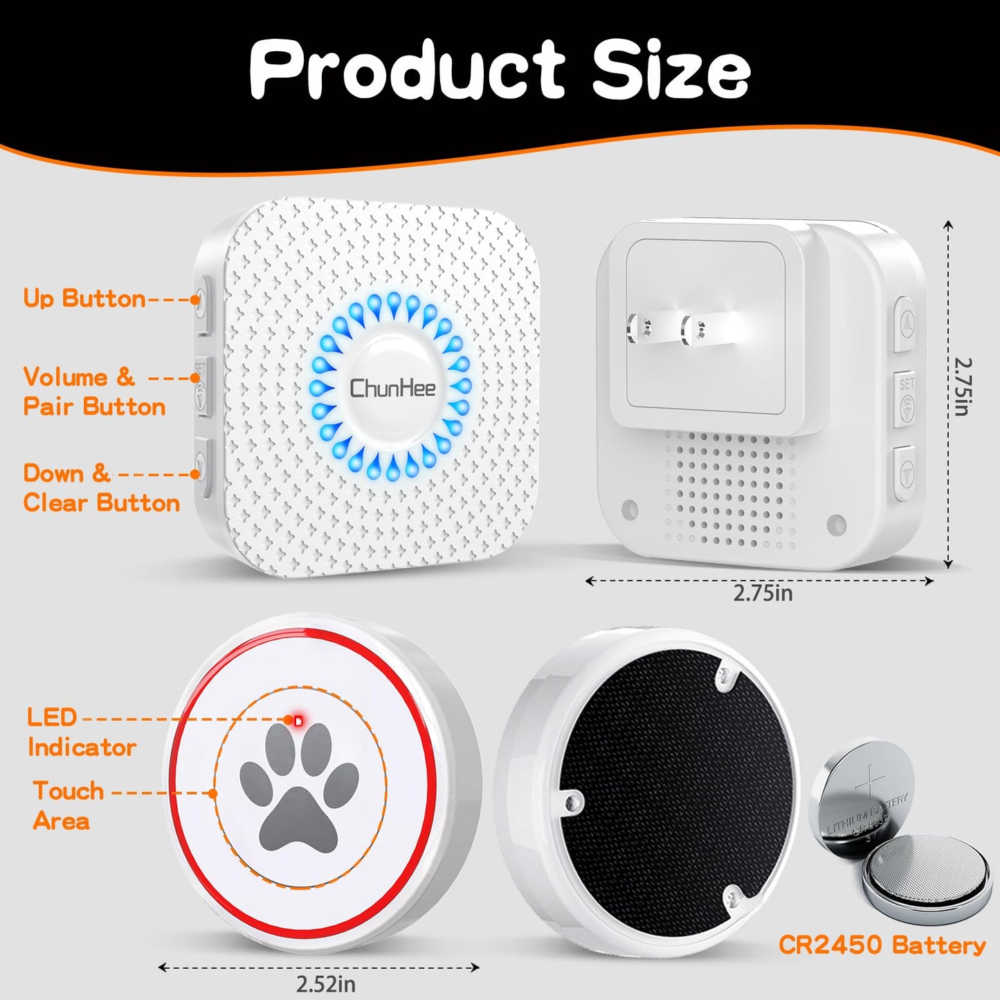 ChunHee Smart Dog Door Bell Wireless Puppy DoorBell for Potty Training, Dog Bells to go Outside, Bells for Dogs to Ring to go Potty, 2 Dog Buttons [New 2025]