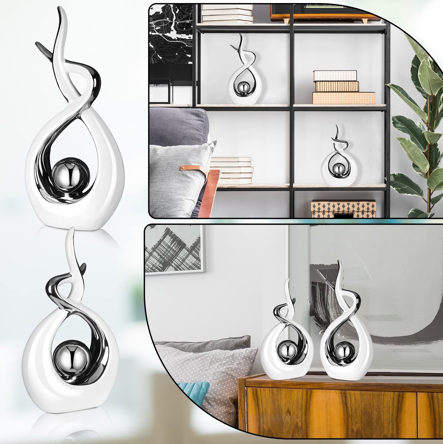 2 Pcs Modern Room Ceramic Decor Center Pieces Table Decorations Ceramic Statue Coffee Table Decor Centerpiece for Home Office Coffee Living Room, 2 Size(White, Silver)