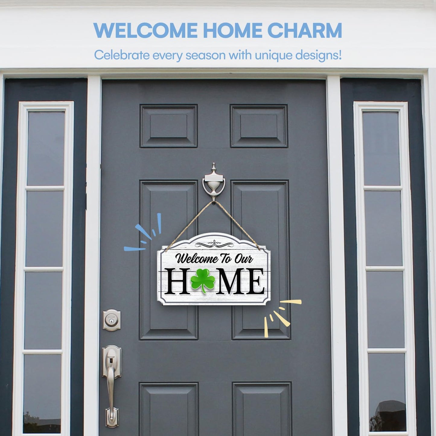 Bigtime Signs Welcome to Our Home Black Wood Grain Print Wall & Front Door Decor - Welcome Sign for Front Door with Interchangeable Home Sign Magnets Halloween, Easter, Fall, Valentines
