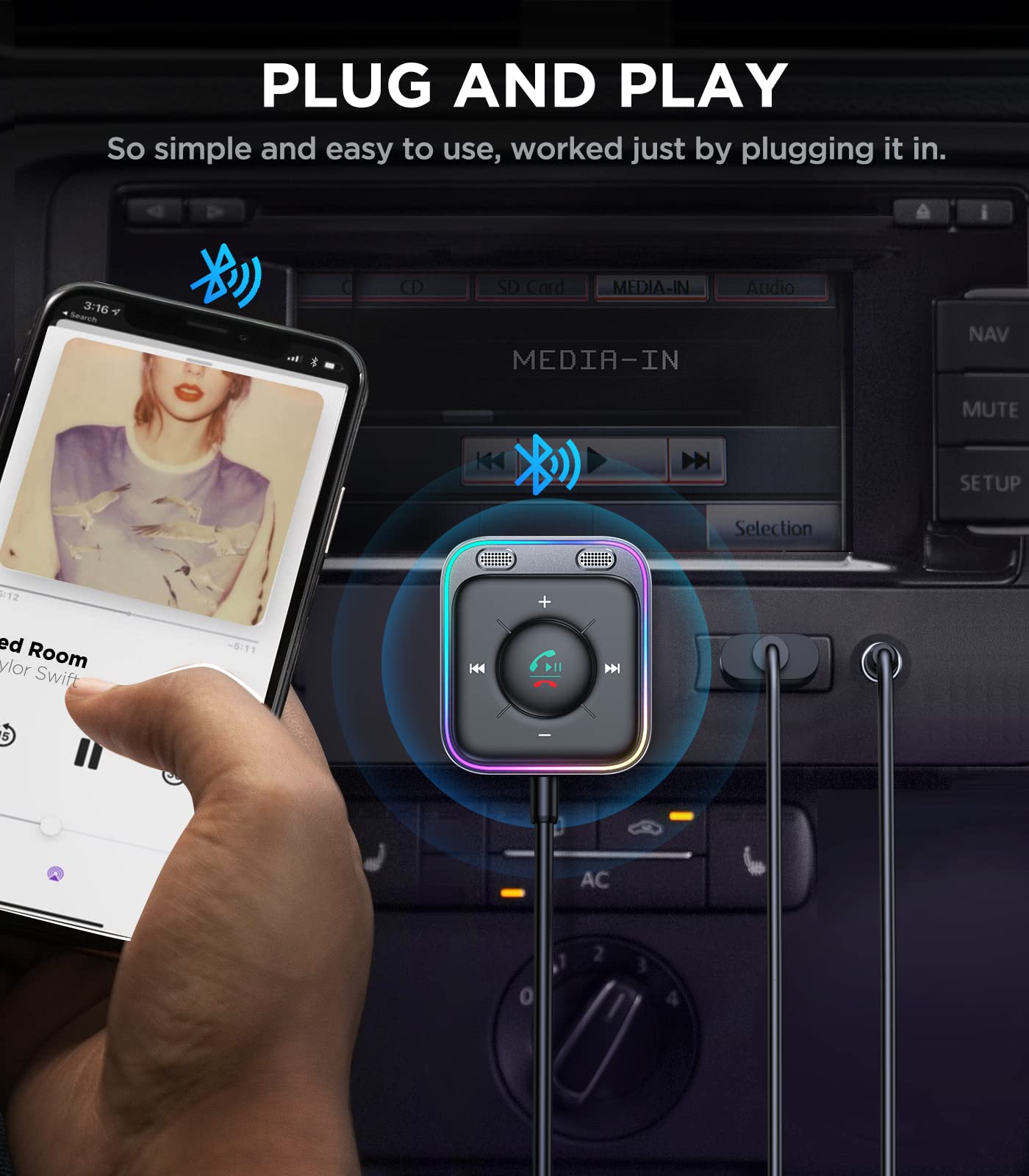 JOYROOM Bluetooth 5.4 AUX Car Adapter[2025 Upgrade] [Stronger Dual Mics& Noise Cancellation] [Multifunction Button& Plug-and-Play] Bluetooth Receiver for Car Music/Hands-Free Calls/Stereo Audio, Black