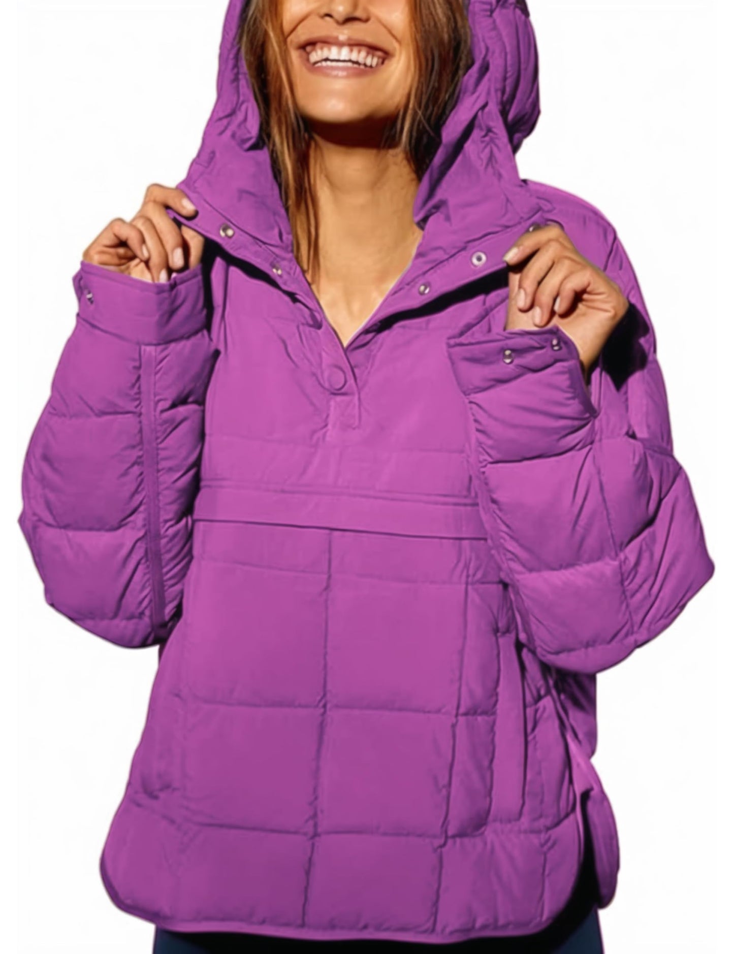 AICHARMWA Women's Pullover Puffer Jacket Hooded Oversized Lightweight Quilted Jacket Winter Warm Padded Coat(028-Purple-S)