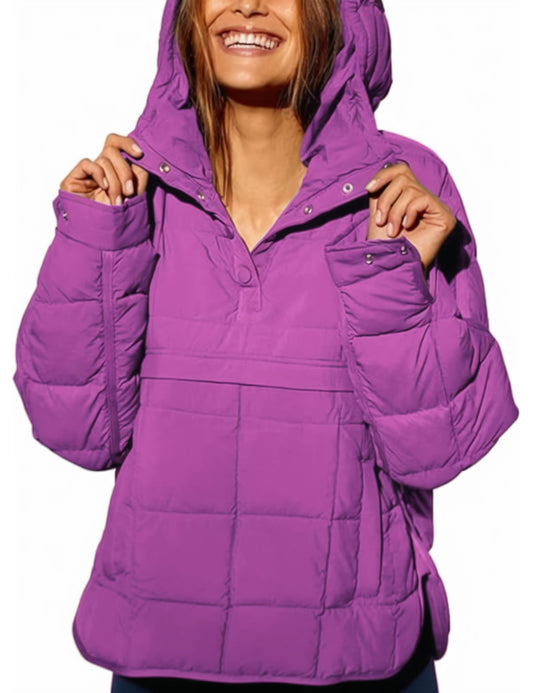 AICHARMWA Women's Pullover Puffer Jacket Hooded Oversized Lightweight Quilted Jacket Winter Warm Padded Coat(028-Purple-S)