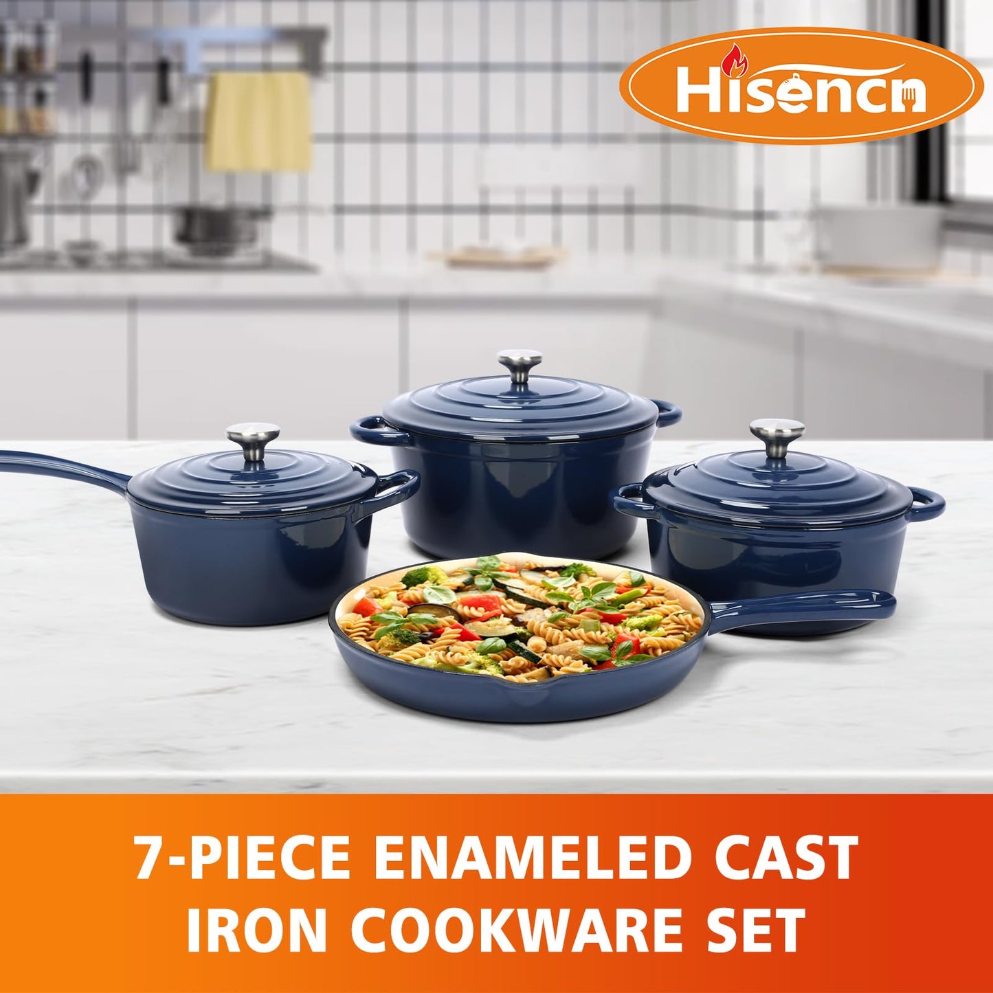 Hisencn 7 Piece Enameled Cast Iron Cookware Set, Pots And Pans Set, Ceramic Cookware Set, 2.25QT/4.75QT Cast Iron Dutch Oven, 10.25” Skillets, 2QT Pot, Suitable For All Stoves, PFA Free, Navy