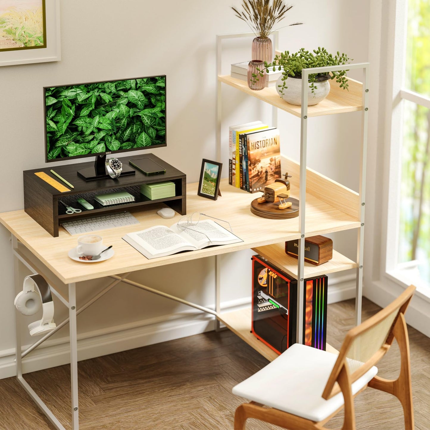 Simpple Trending Monitor Stand Riser, 2 Tier Wood Office Desk Storage Organizer for Laptop, Computer, Black