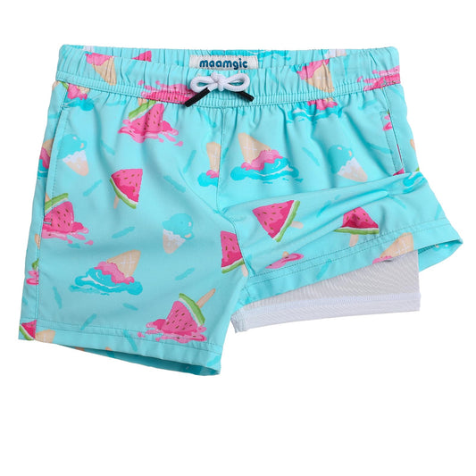 maamgic Boys Swim Trunks with Compression Liner Toddler Boy Swimsuit Quick Dry 4-Way Stretch Swimming Trunks Melted Watermelon Blue 5-6 Years