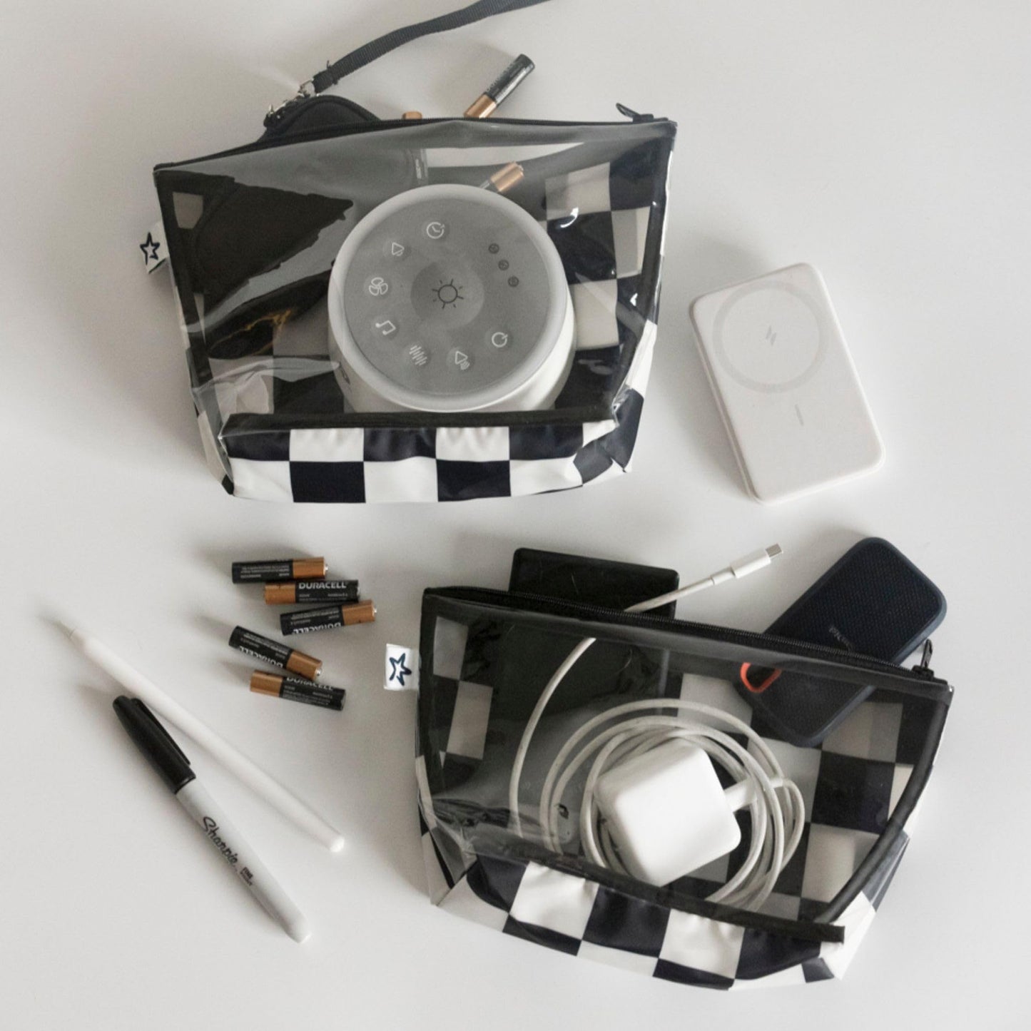 Tiny Twinkle Mess-proof Travel Bags, Airline Compliant, Zipper Closure, Clear Front Pouch, Diaper Bag Packing, Toiletry or Cosmetics Organizer 2 Pack Set (Black Checkers)