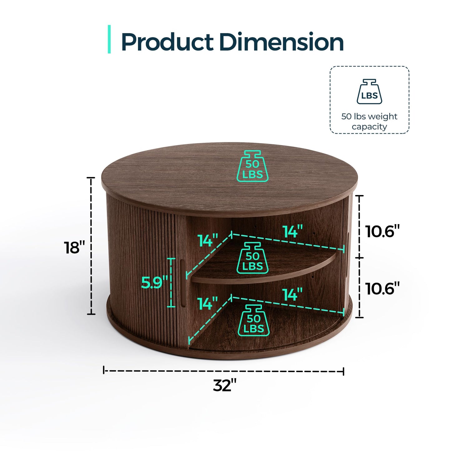 LINSY HOME Round Coffee Table, 31.5" Drum Coffee Table with Sliding Tambour Door, Fluted Accent Center Table with Storage, Mid Century Modern Coffee Table for Living Room, Walnut