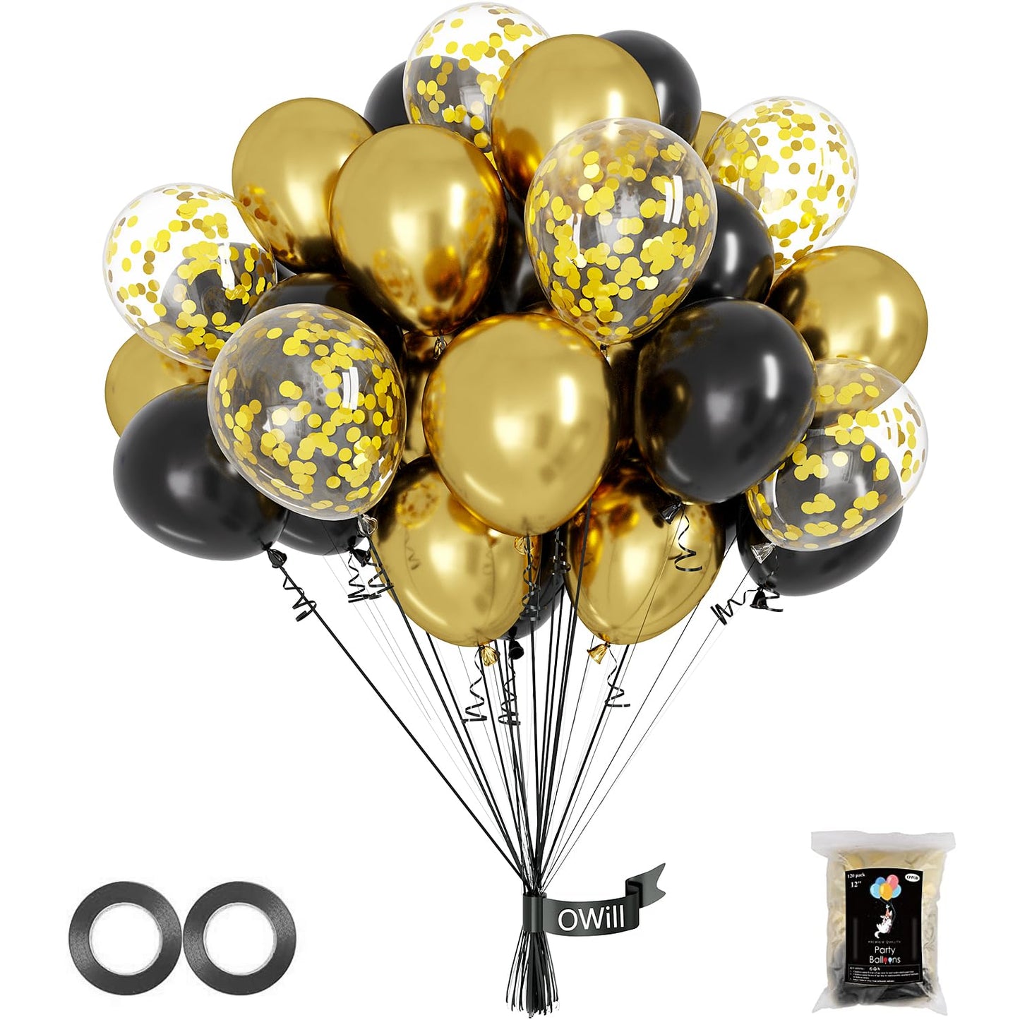 OWill Black and Gold Confetti Balloons, 100pcs 12 Inches Black and Gold Balloons for Birthdays, Graduation Decorations, Weddings & Arches, Garlands & Party Decorations