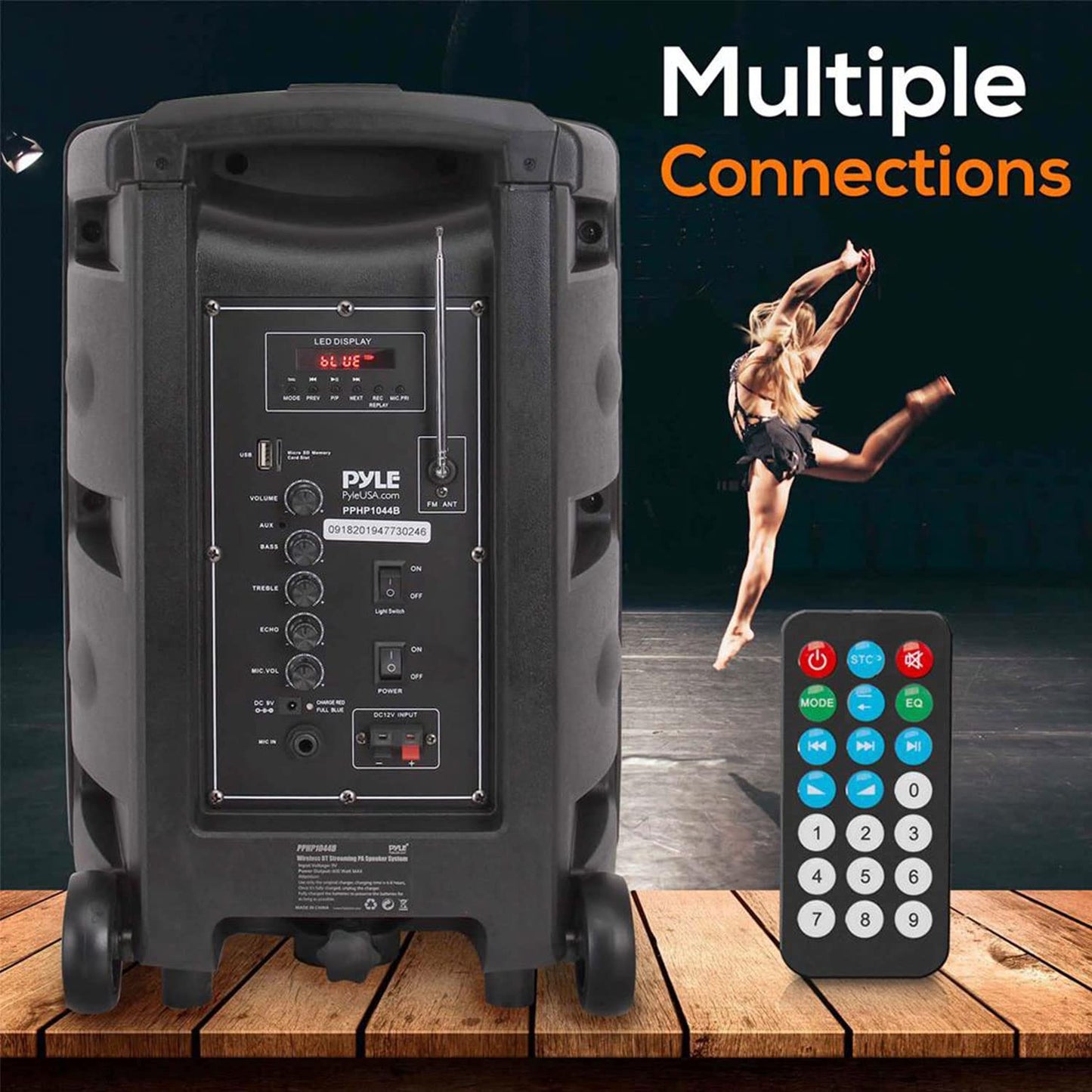 Pyle Portable Bluetooth PA Speaker System - 600W Bluetooth Speaker Portable PA System W/ Rechargeable Battery, Party Lights, MP3/USB SD Card Reader, Rolling Wheels - Pyle PPHP1044B