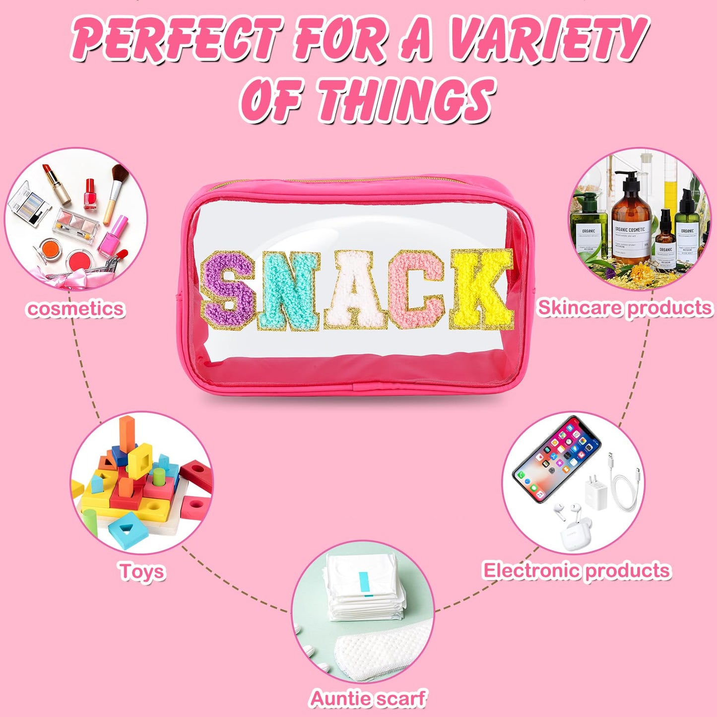 URSKYTOUS Chenille Letter Clear Makeup Bag Large Travel Preppy Patch Snack Cosmetic Bag with Zipper Cute Makeup Pouch Transparent PVC Waterproof Toiletry Organizer Storage for Women Girls (Hot Pink)