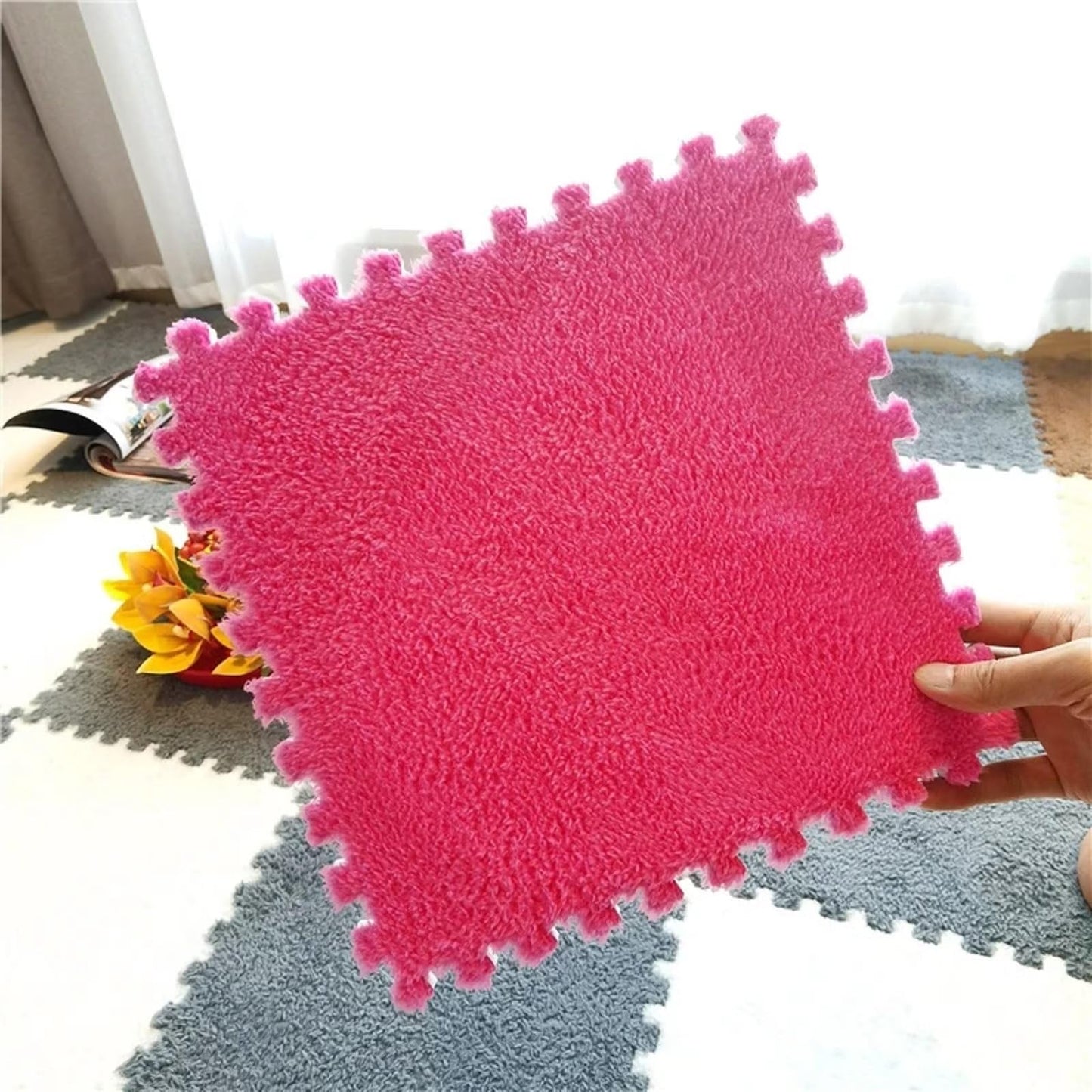 Typutomi 12pcs Plush Puzzle Foam Floor Mat, Soft Thicken Fluffy Interlocking Square Foam Tiles Area Rugs Carpet for Parlor Bedroom Decoration(11.8x11.8x0.55in,Rose Red&Pink)