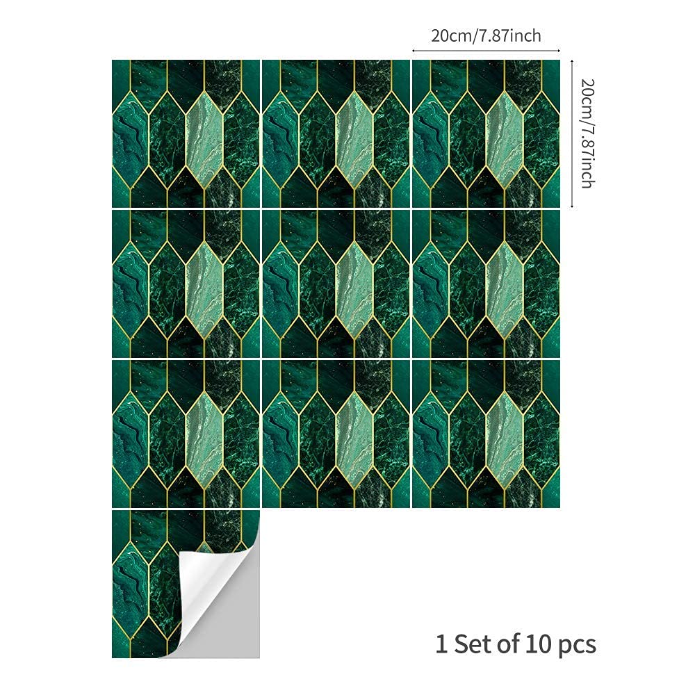 funlife 10Pcs Art Deco Peel and Stick Thick Kitchen Backsplash, Self Adhesive Wall Tile, Flat Glossy Stickers for Home Decor, Holographic Emerald 7.87"x7.87"