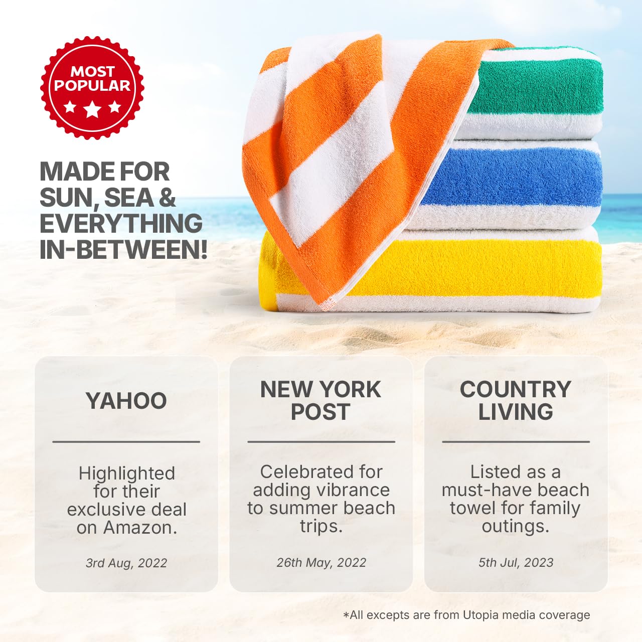 Utopia Towels 4 Pack Cabana Stripe Beach Towel, 30 by 60 Inches, Oversized 100% Ringspun Cotton Pool Towels, Highly Absorbent Bath Towels for Bathroom