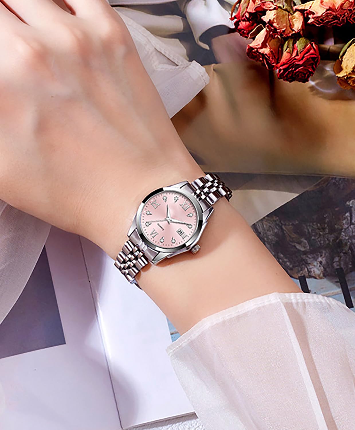 BESTKANG Women's Bracelet Watch Stainless Steel Quartz Watch Luminous Waterproof Watch Business Watches for Women (Pink)