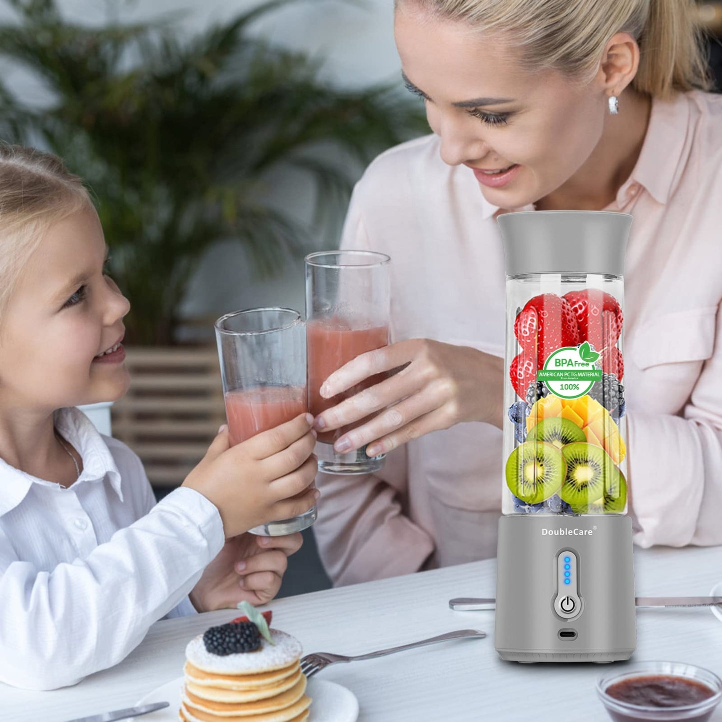 DoubleCare Portable Blender Cup,Electric USB Juicer Blender,Mini Blender Portable Blender For Shakes and Smoothies, Juice,380ml, Six Blades Great for Mixing,white, grey