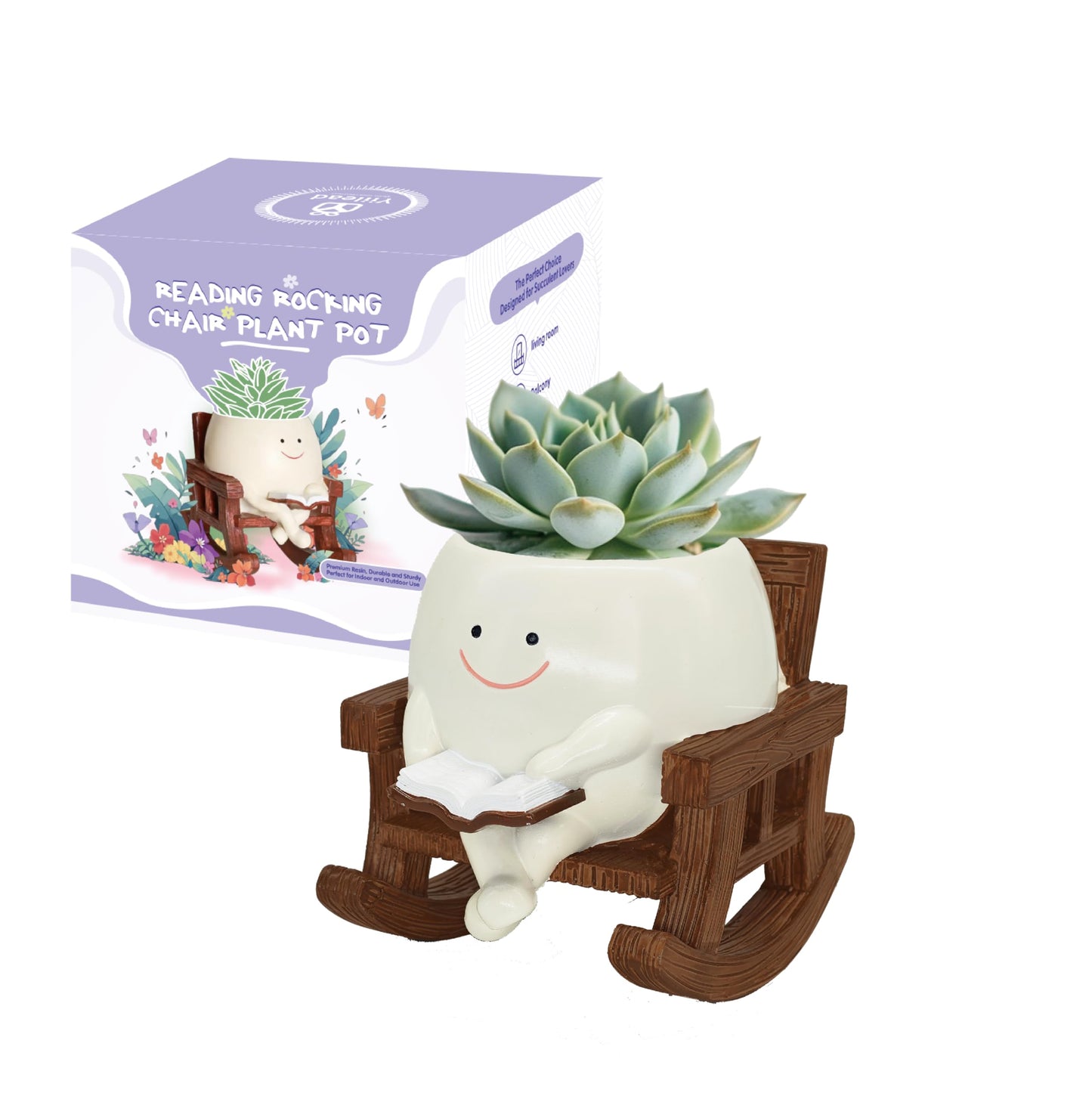 Smiley Face Planter Pot, Cute Plant Pots for Indoor Outdoor, Unique Reading Rocking Chair Plant Pot for Succulents Plants Live with Drainage Hole, Gift Idea for Mother Day and Christmas