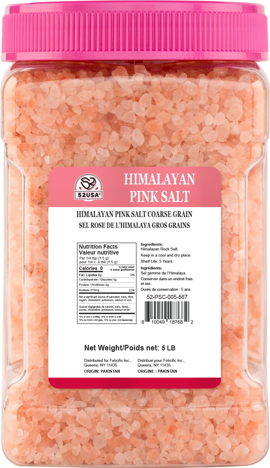52USA Himalayan Pink Salt for Grinder Refill, 80oz (5 Pound), Non-GMO, Himalayan Coarse Salt, 80+ Minerals and Electrolytes, Pink Himalayan Sea Salt, Unrefined Rock Salts, Kosher & Natural Certified