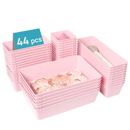 Vtopmart 44 PCS Clear Plastic Drawer Organizers Set, 4-Size Versatile Bathroom and Vanity Organizer Trays, Non-Slip Storage Containers for Makeup, Jewelries, Bedroom，Kitchen Utensils and Office