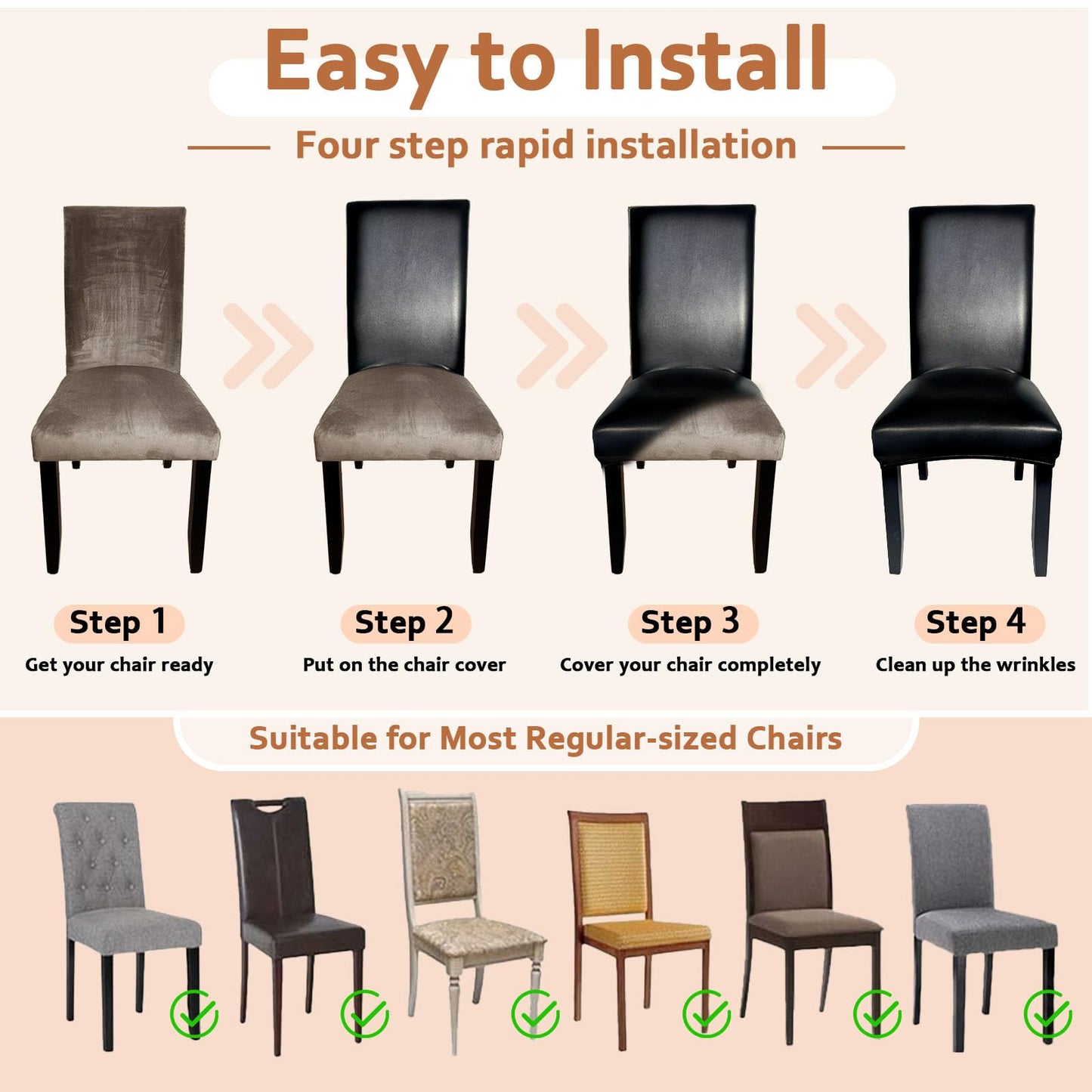 Soft Leather Chair Covers for Dining Chairs set of 6, Stretch Waterproof Dining Chair Covers Protector Oilproof and Scratch-Proof Parson Chairs Cover Modern Style for Kitchen Room(Black, 6Pcs)