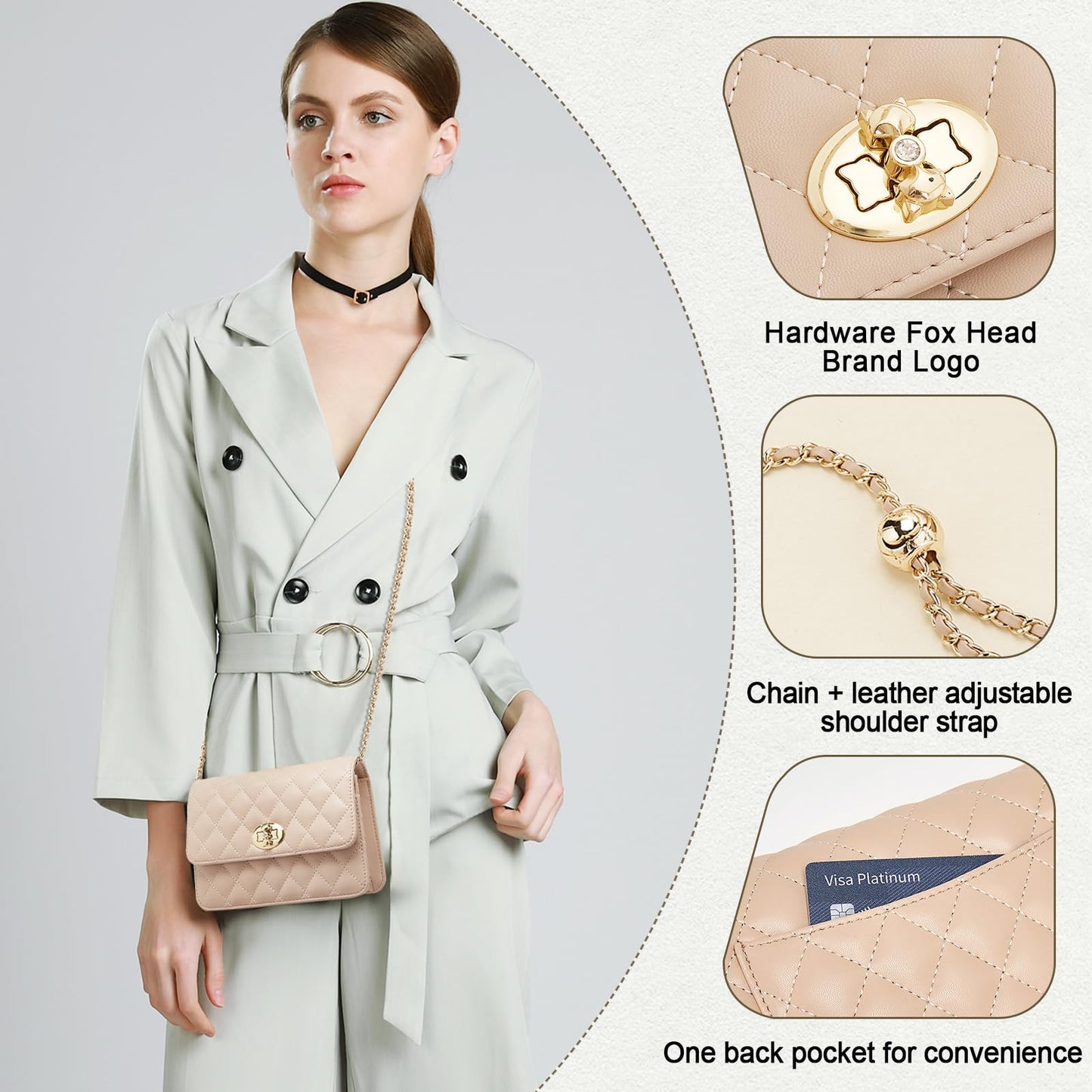 FOXLOVER Quilted Crossbody Purse for Women Faux Leather Trendy Ladies Shoulder Bag with Chain