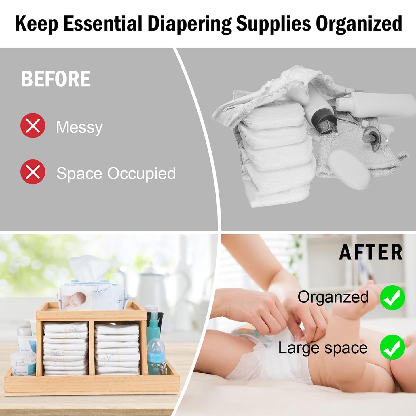 Busidhji Diaper Caddy Organizer, Changing Table Organizer, Wooden Diaper Organizer for Nursery, Baby Diaper Storage Organizer with Removable Dividers (Brown, Rectangular Size)