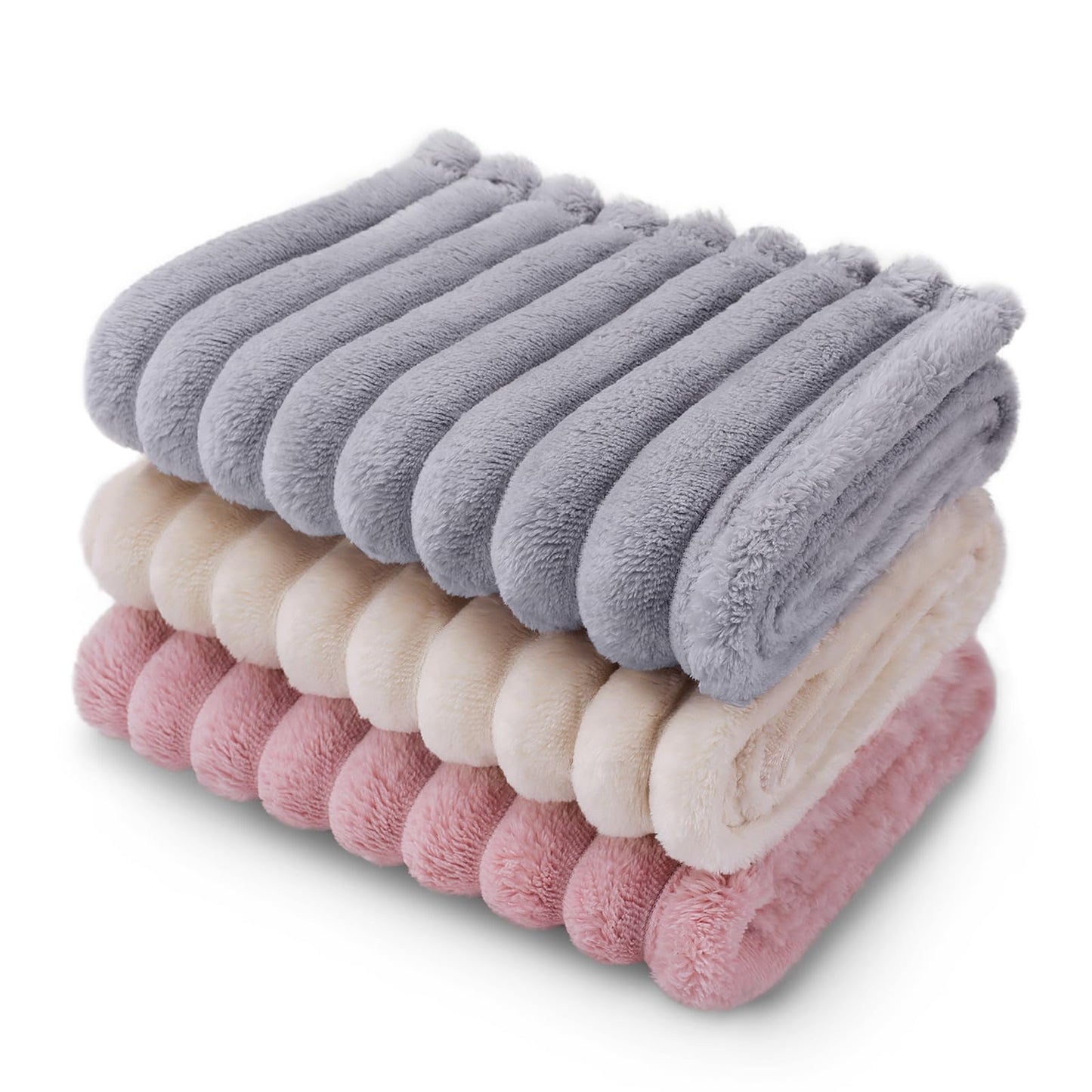 LINENLUX 1 Pack 3 Soft Fleece Dog Blanket for Pet Washable Warm Cat Puppy Fluffy Calming Flannel Beige/Pink/Grey Small