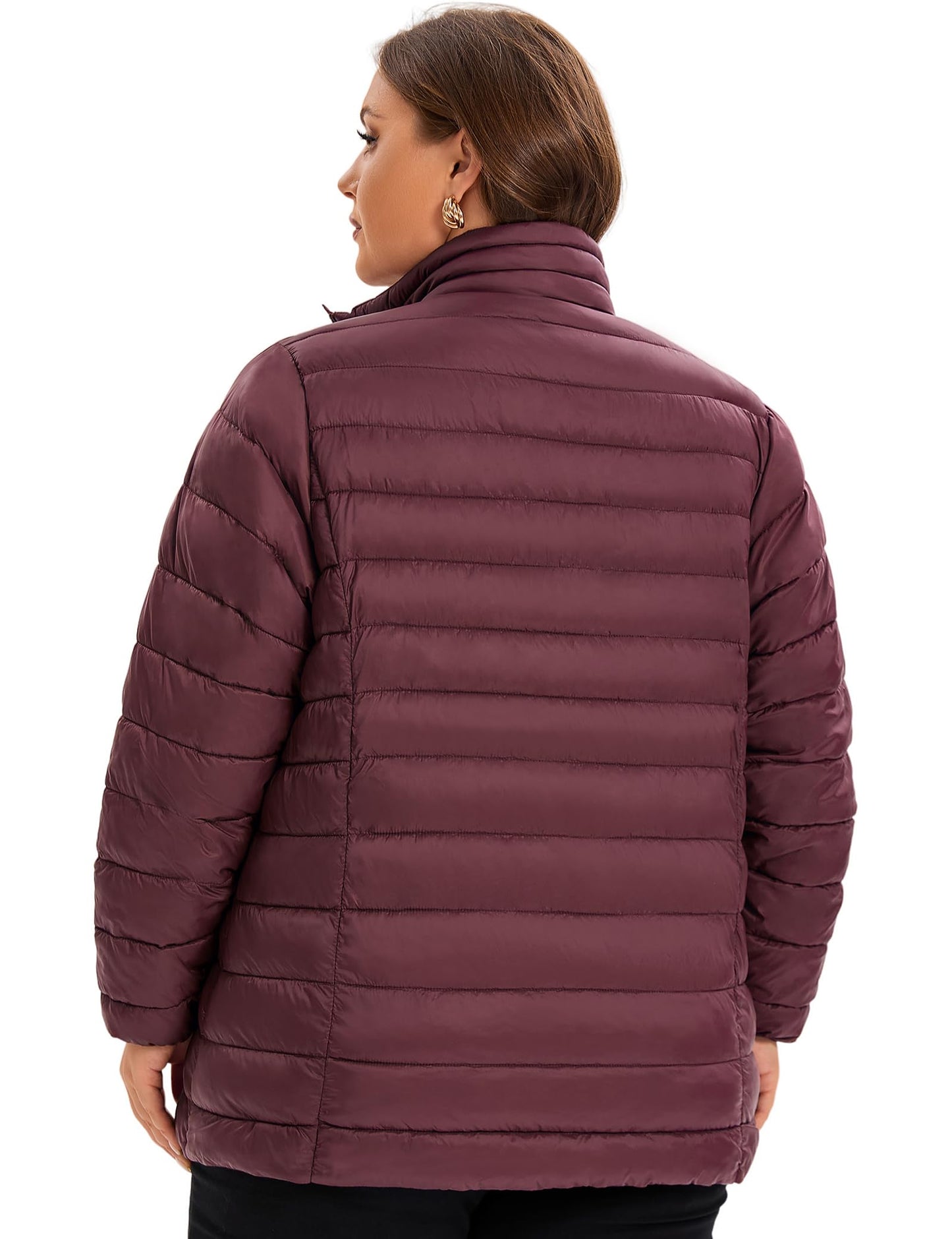 ANOTHER CHOICE Plus Size Puffer Jacket for Women, Lightweight Packable Stand Collar Winter Puffer Coat, Wine, 3X