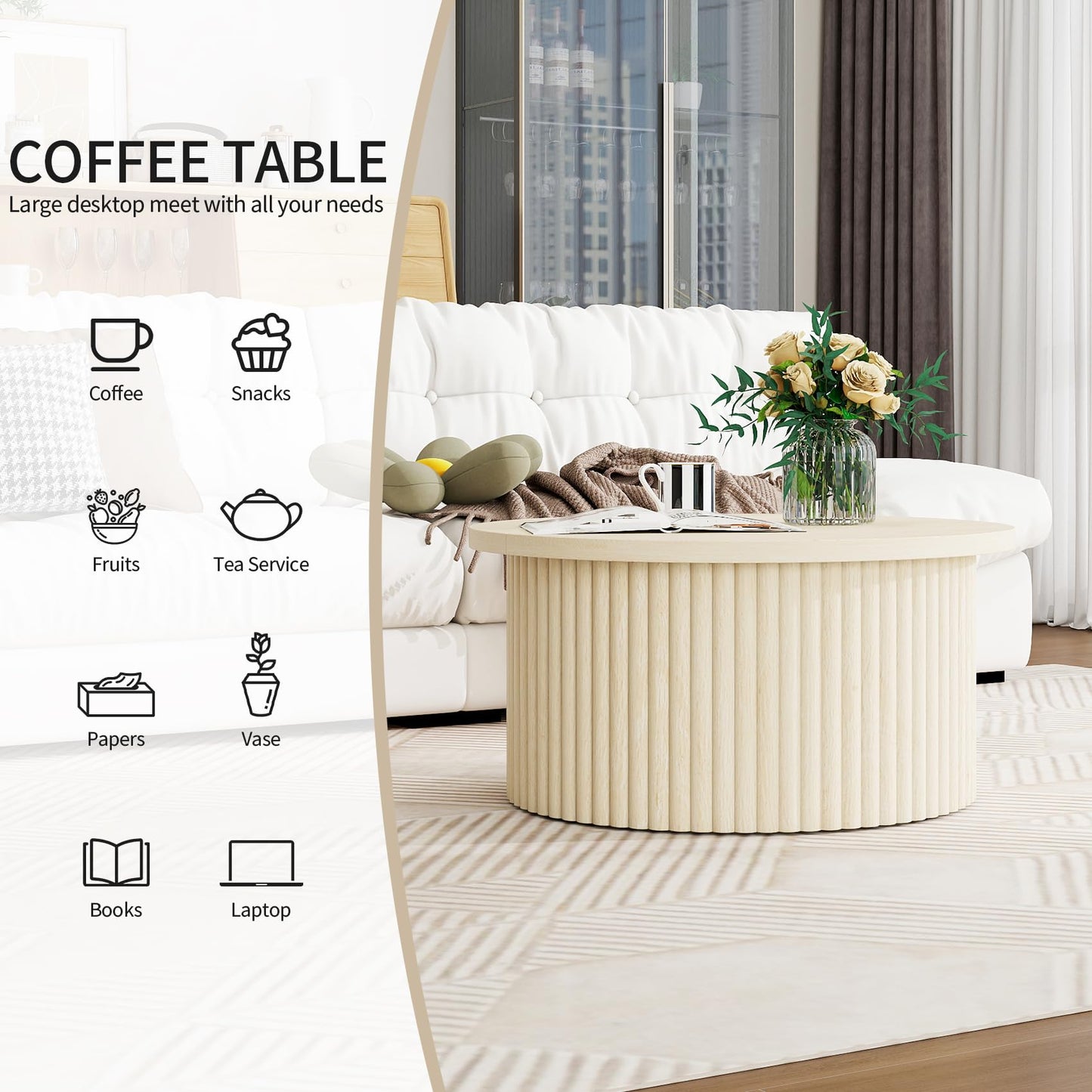 Round Coffee Table with Storage, Wood Modern Fluted Drum Coffee Table with Flip Top, 31.5" Farmhouse Center Table for Living Room, Reception Room, Entertainment Room, Courtyard (1, Oak)