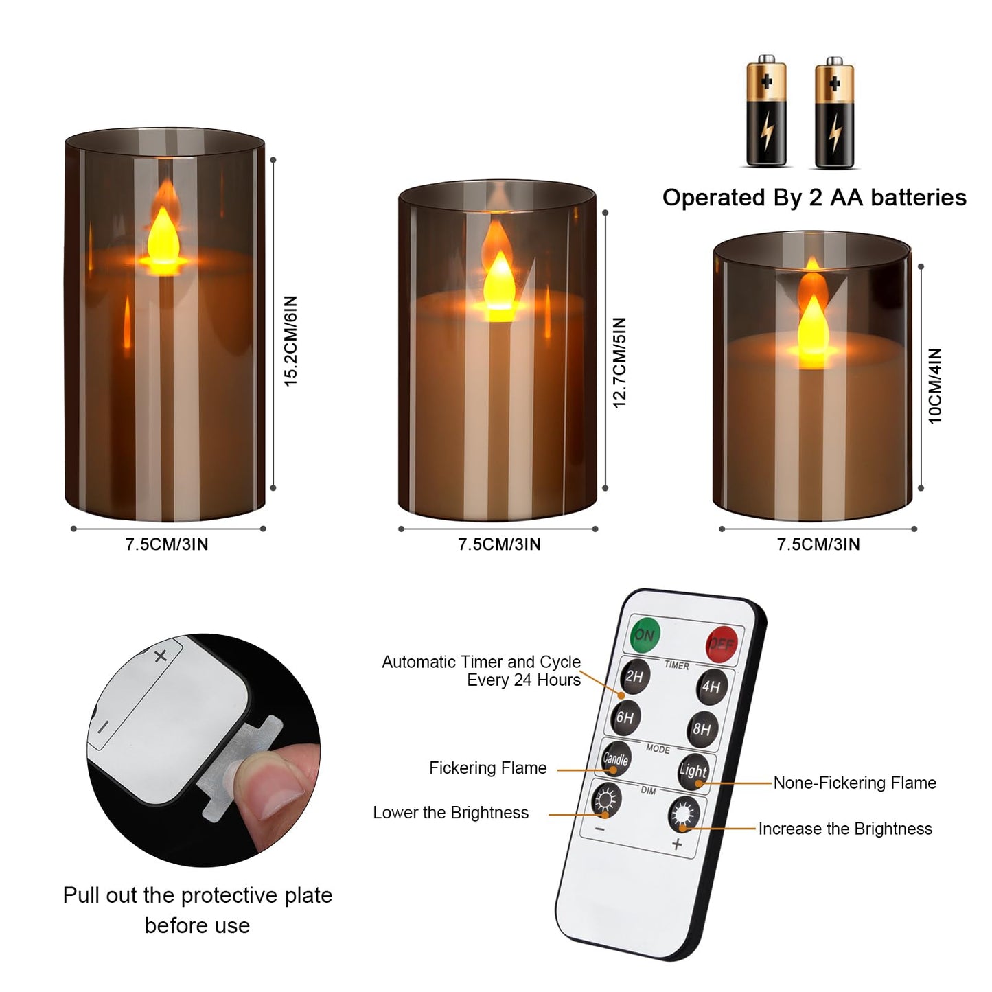 wemarry Flameless LED Candles with Remote Set of 3 Battery-Operated Acrylic Gray Pillars, 4", 5", 6" x 3" Diameter Flickering Effect with Timer Ideal for Home Décor Weddings Parties, Restaurants