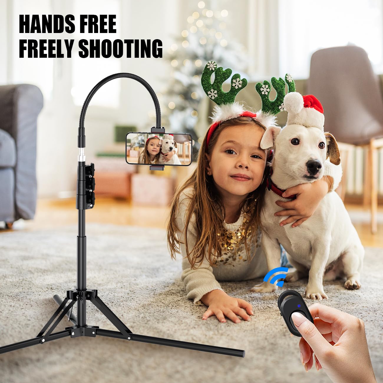 Phone Tripod, 6.75 FT Tall Phone Tripod Stand with Flexible Gooseneck, Overhead 360°Adjustable Tripod with Phone Holder, Compatible with iPhone 16 Pro Max/Plus/16/15/14 for Video Recording