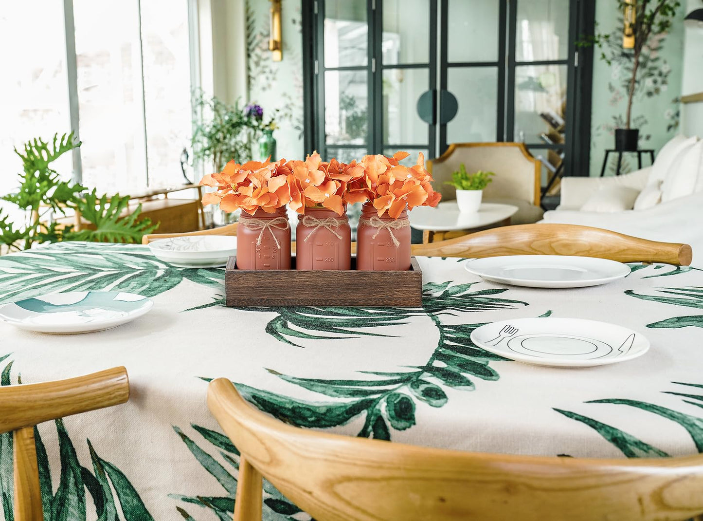 Mkono Mason Jar Centerpiece Table Decor For Dining Room Farmhouse Wood Tray With 3 Painted Jars Flowers Summer Decoration For Coffee Table Kitchen Living Room Wedding