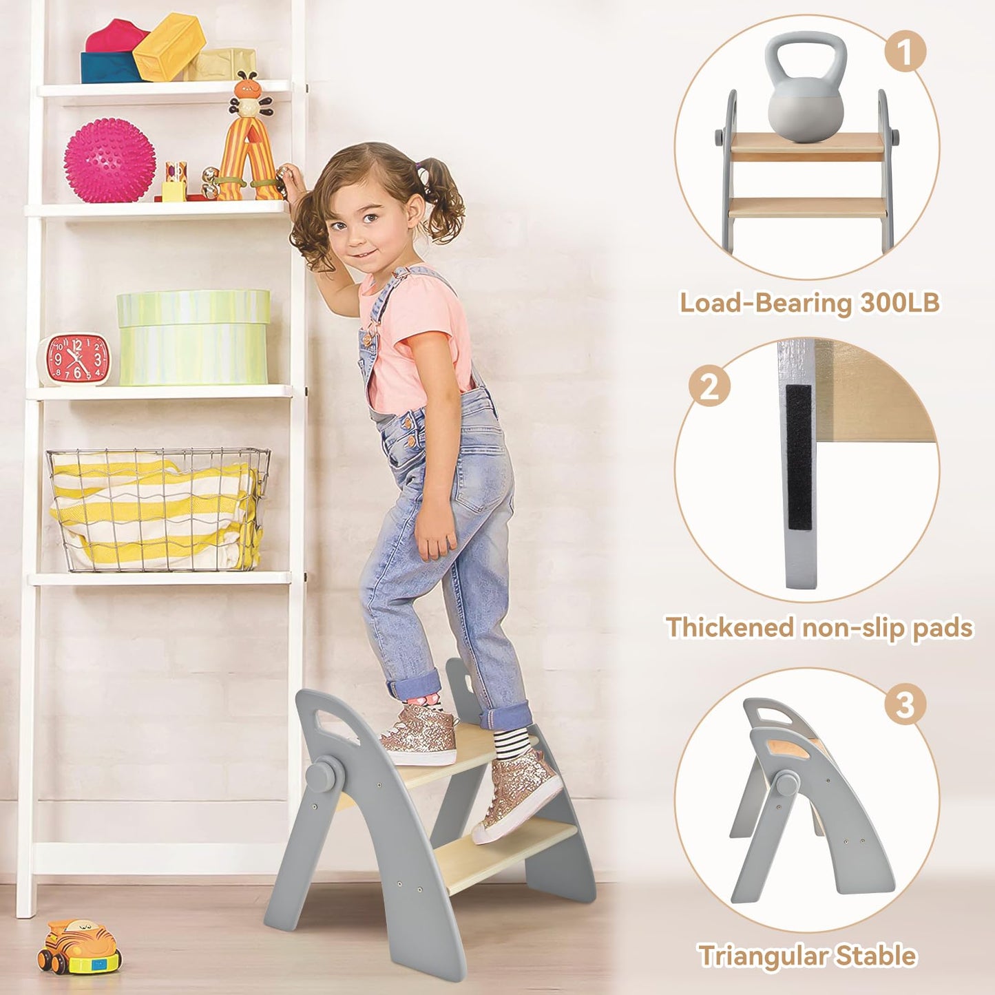Wooden 2 Step Stool for Kids Bathroom Sink Foldable Anti-Slip 2-Step for Toilet Potty Training, Child Stepping Stool for Kitchen Nursery Bedroom, Sturdy Non Slip Adult Stool for Closet Grey