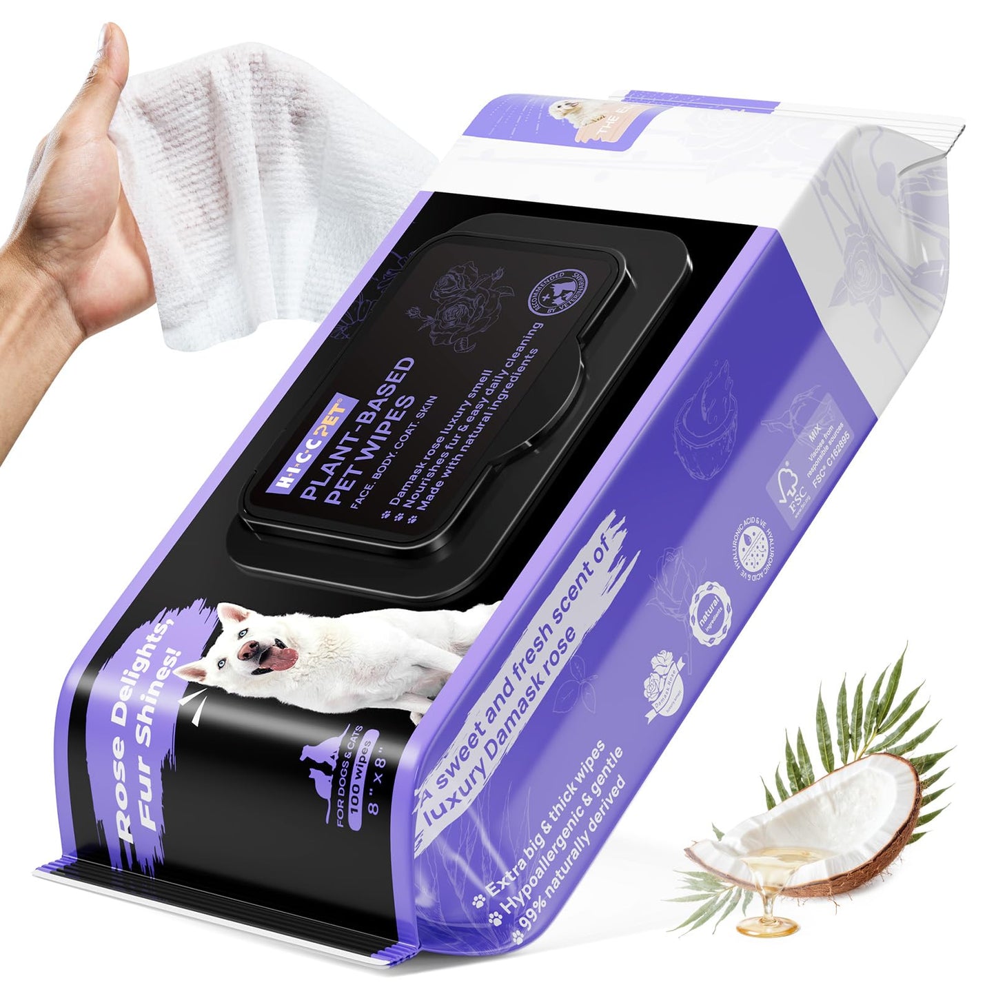 HICC PET Cleaning Deodorizing Wipes for Dogs & Cats, Vet Recommended Nourishes Smoothes Fur Pet Grooming Wipes with Fermented Coconut Oil, Hypoallergenic Dog Wipes for Paws and Butt, Face, Body