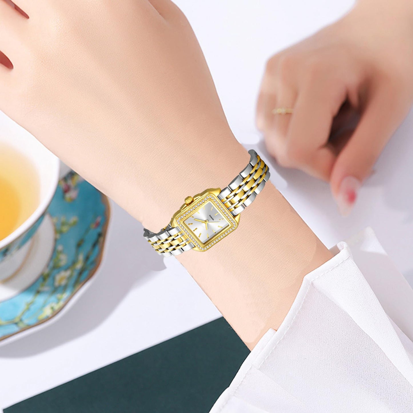 BESTKANG Luxury Golden Square Women's Watch - Retro Vintage Bracelet Diamond Waterproof Quartz Wristwatch, Elegant Small Dress Watch for Women (Two Tone White)