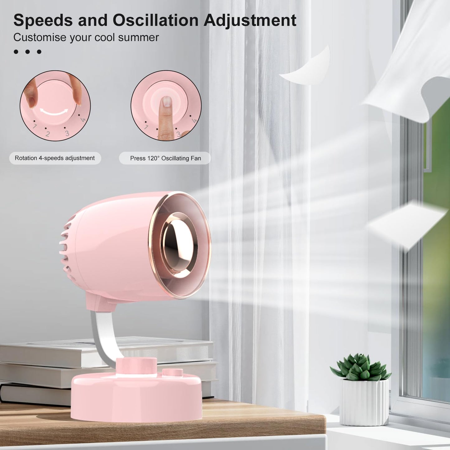 Mr. Young Quiet Portable Desk Fan - 4-Speed Adjustable 150° Oscillating USB-C Rechargeable Small Mini Fan with 10+ Hours Battery Life Perfect Table Fan for Home/Office/Dorm (Pink)