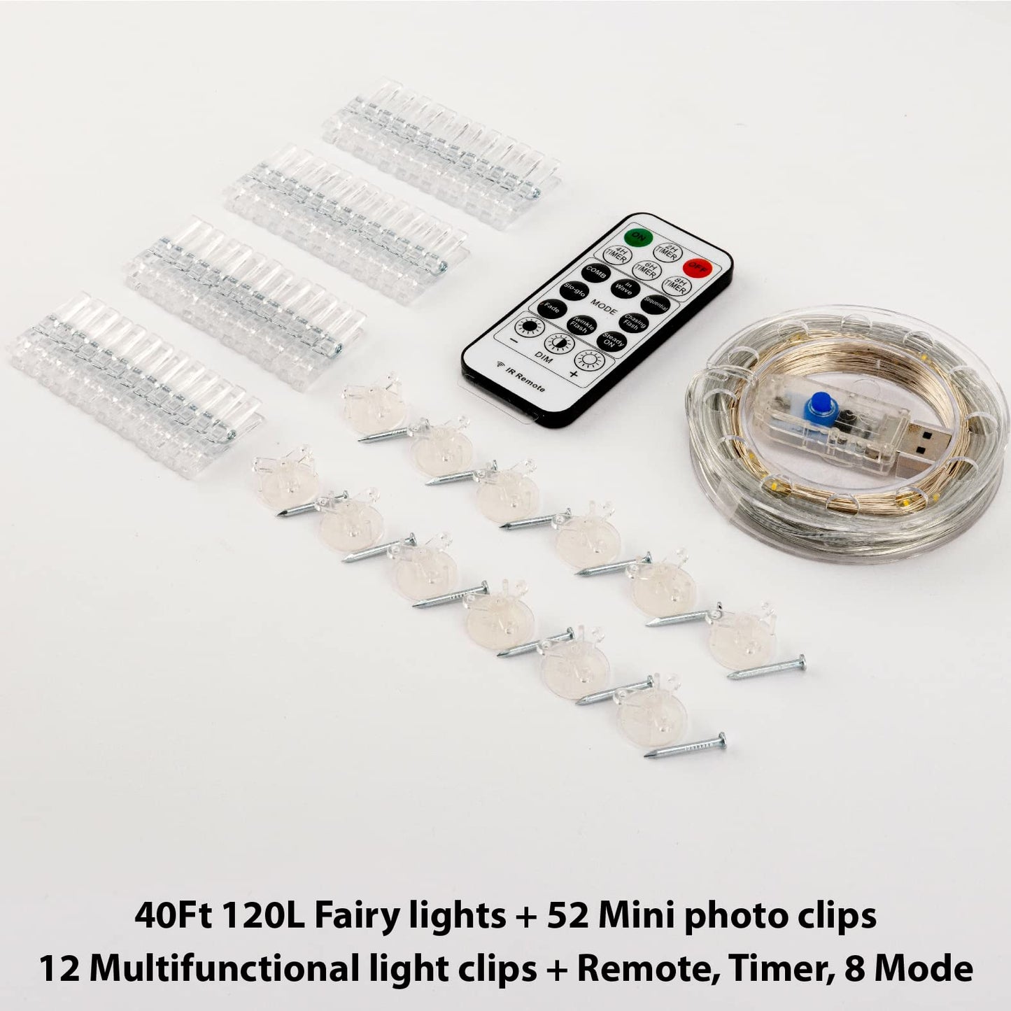 HXWEIYE 120LED Warm White 40Ft Fairy String Light with 52 Clear Clips & 12 Hooks, USB Powered, Waterproof, 8 Modes & Timer, Perfect for Indoor/Outdoor, Bedroom, Party, Wedding Decor
