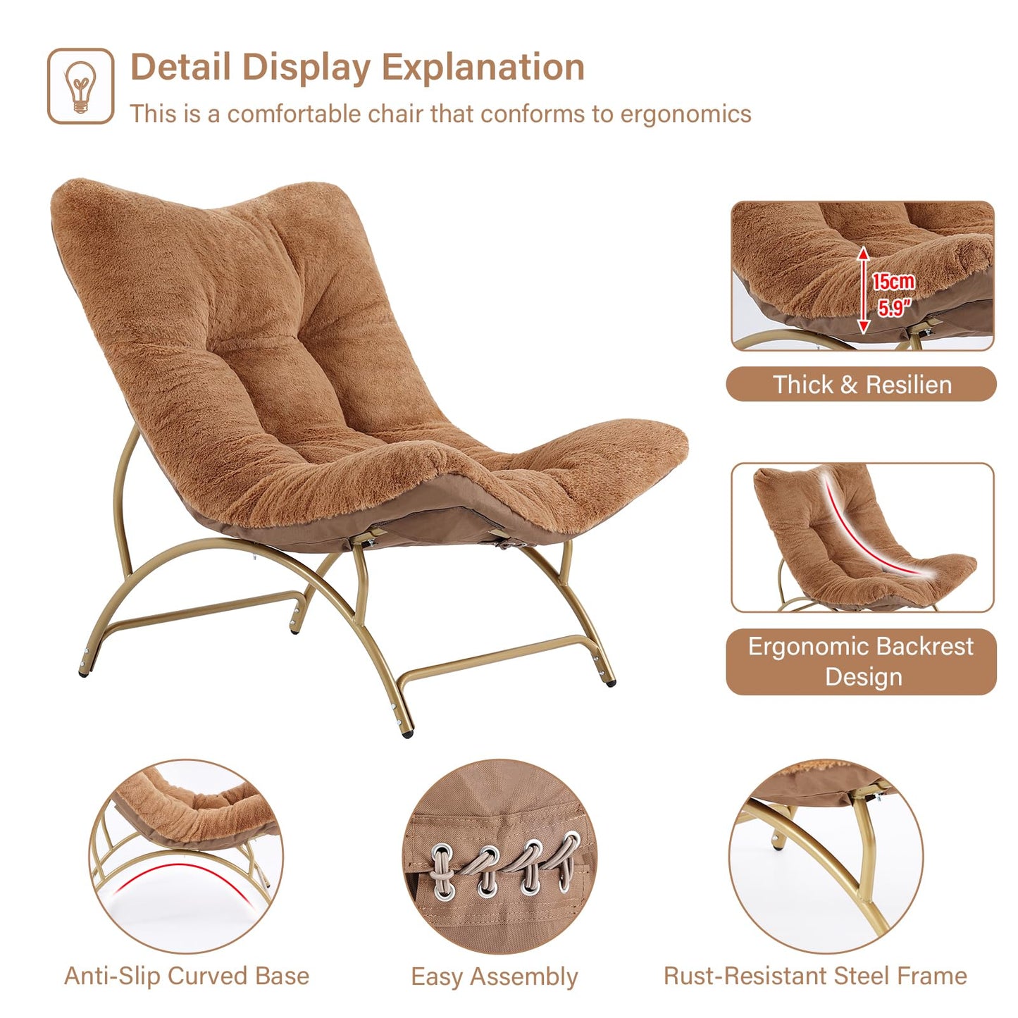 Tiita Accent Lazy Chair, Comfy Lounge Chair with Metal Frame and Plush Fabric, Spacious Seat Cozy Recliner Chair for Reading Room, Living Room, Bedroom, Office, Brown