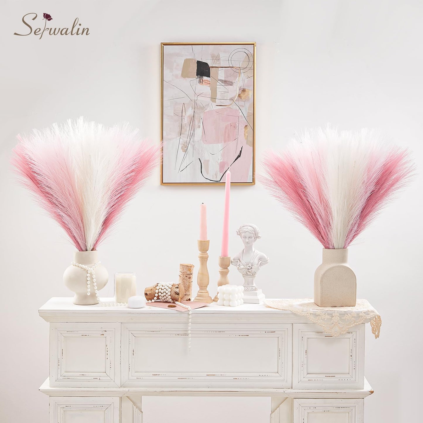 Serwalin Pampas Grass Pink Decor 17.7 Inch 6pcs, Faux Pampas Grass Home Decor, Artificial Pampas Grass Blush Fake Pampas, Short Vase Room Christmas Decoration