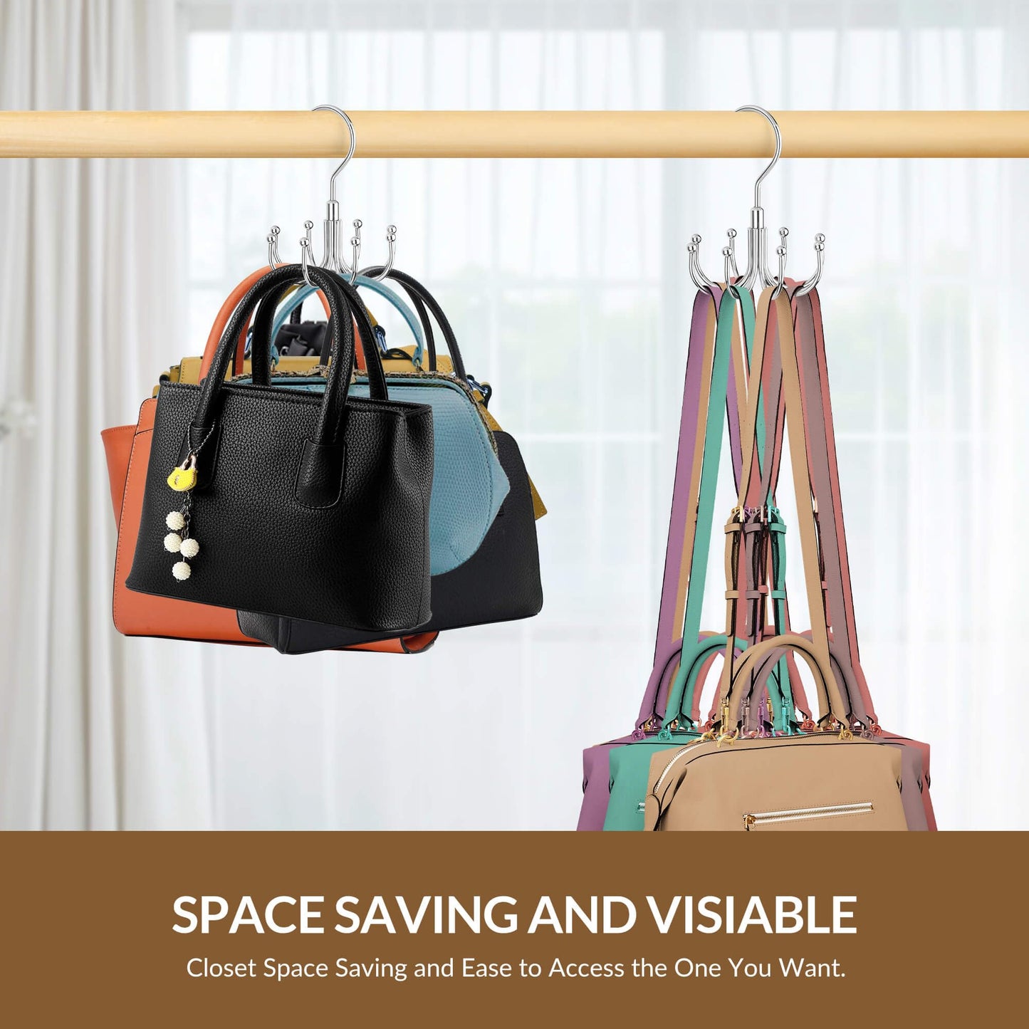 ZEDODIER Purse Hanger Organizer for Closet, Rotatable Sturdy Purses Holder Holds 8 Bags, Metal Space Saving Closet Organizers and Storage, Silver