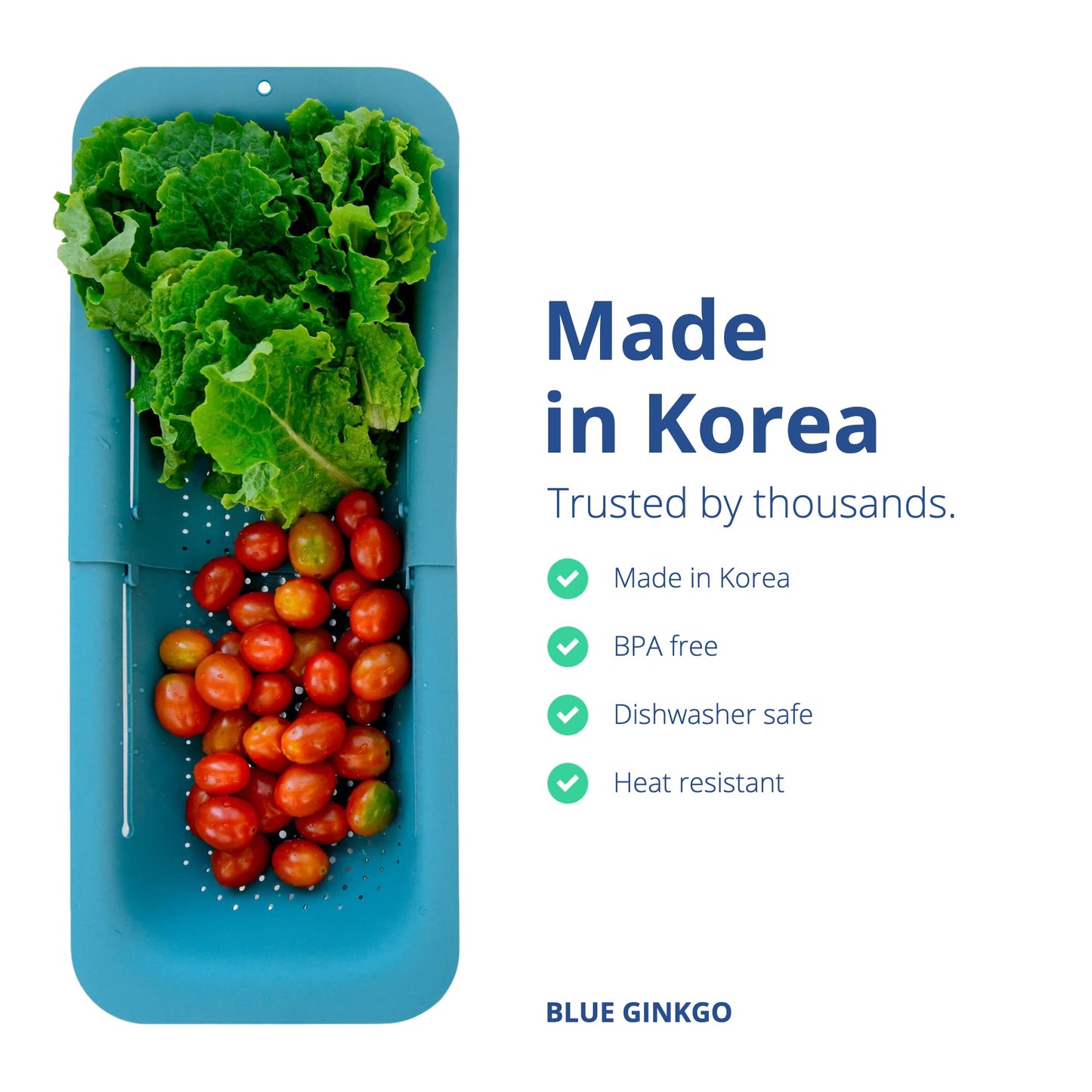 BLUE GINKGO Over the Sink Colander Strainer Basket - Wash Vegetables and Fruits, Drain Cooked Pasta and Dry Dishes - Extendable - New Home Kitchen Essentials (7.9 W x 14.5-19.5 L x 2.75 H) - Teal