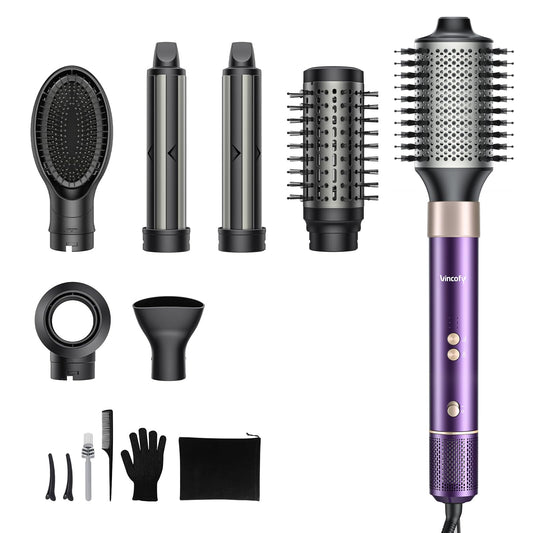 Vincofy 7-in-1 Hot Air Styler & Hair Dryer with 110,000 RPM High-Speed Motor –Blow Dryer Brush for Fast Drying, Curling, Straightening & Volumizing – No Heat Damage – for All Hair Types – Violet