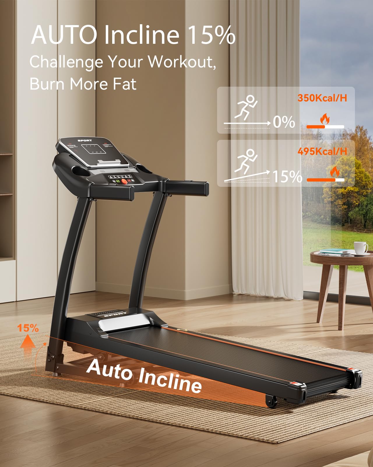 Treadmills for Home, 0-15% Auto Incline, 3.0HP Folding Treadmills for Running Walking with 300 LBS Weight Capacity, Bluetooth & Heart Rate Sensors, Hydraulic Folding