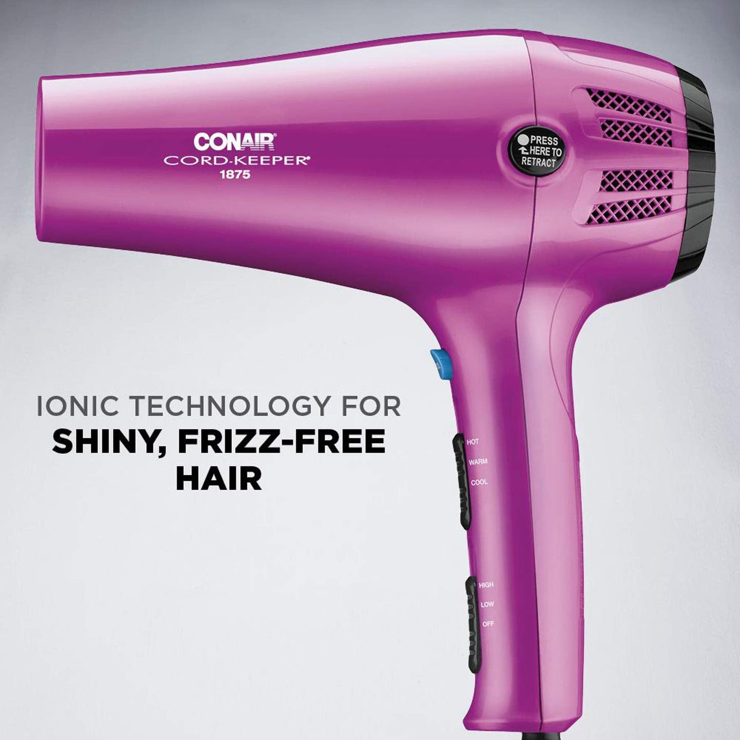 Conair Hair Dryer with Retractable Cord, 1875W Cord-Keeper Blow Dryer,Pink
