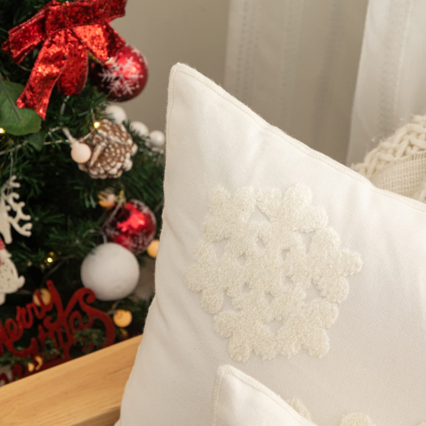 AFIRMLY 18x18,Cotton Christmas Blessing Throw Pillow Cover for Bed Sofa Cushion Car Snowflake Embroideried Pillowcases,1pair White