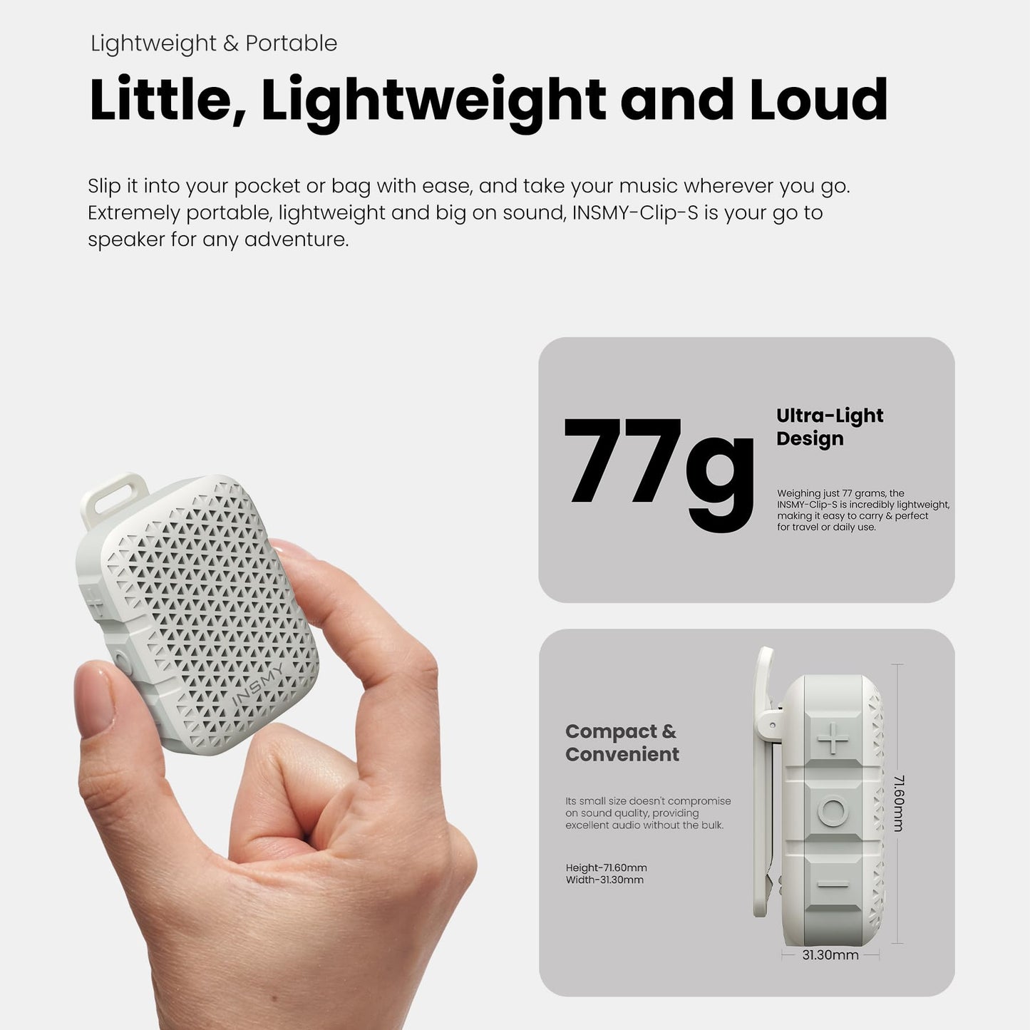 INSMY Wearable Bluetooth Speakers,IP67 Waterproof,Clip-On Portable Small Personal Speaker/Clean Sound/Stereo Pair/Wireless 5.4/ENC Built-in Mic/Lightweight for Outdoor Golf Work Pool (White)