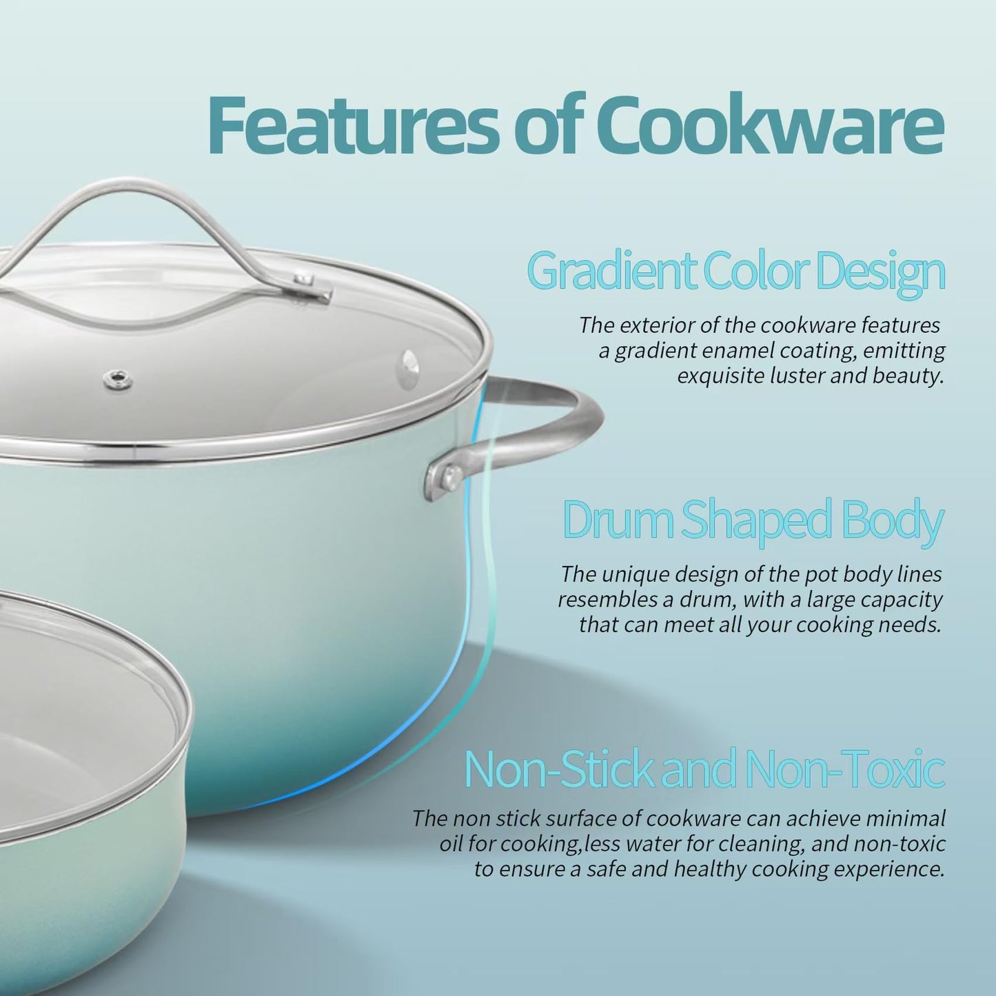 ONGIFT Kitchen Pots and Pans Set Non Stick, 11 Pieces Cookware Set Ceramic Nonstick Coated, Scratch-Resistant, PFAS, PFOA Free, Oven Safe, Rapidly & Evenly Heats, Enamel Exterior Cooking Set - Teal